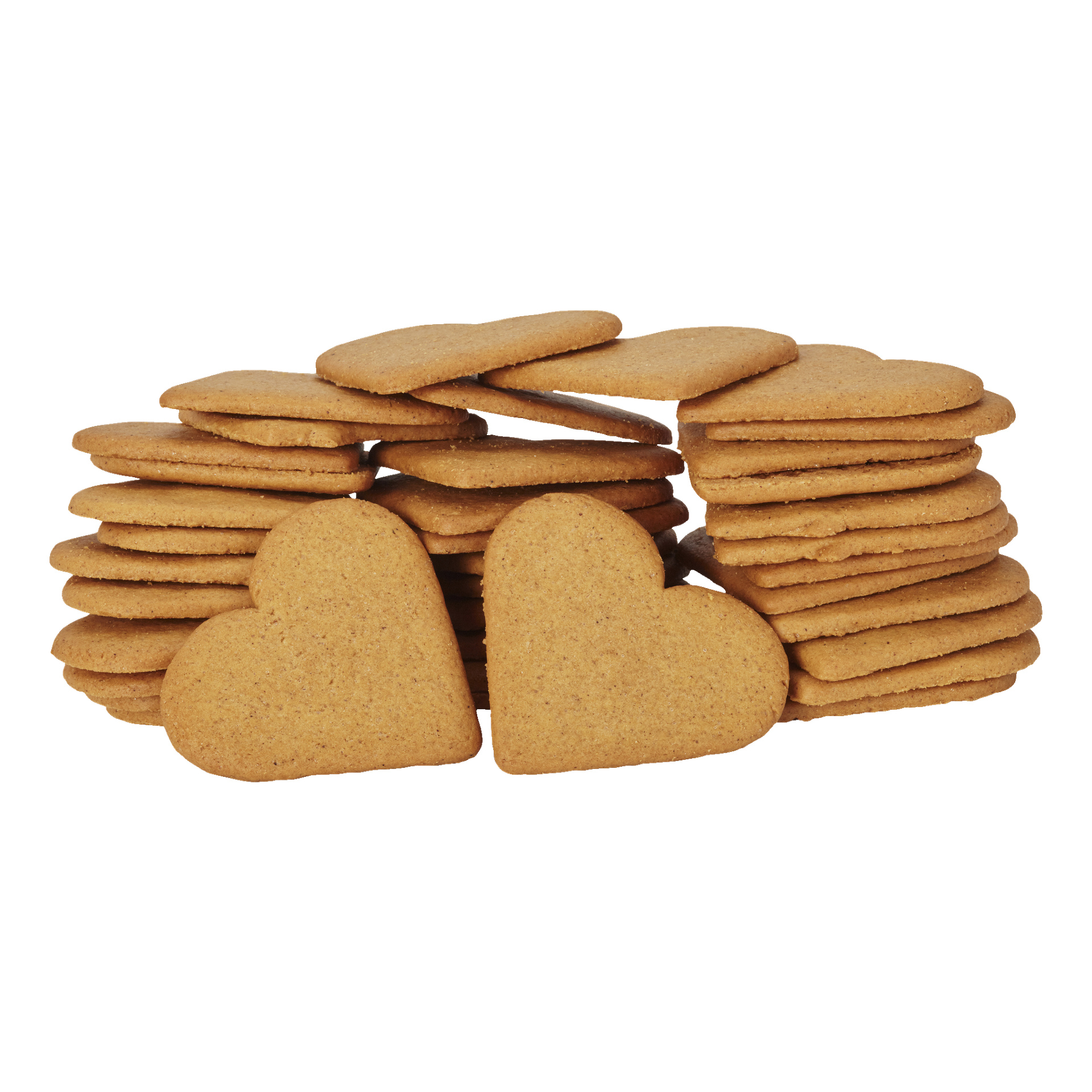 En hög med hjärtformade Jula-pepparkaks, prydligt staplade med två stående upprätt framför.
