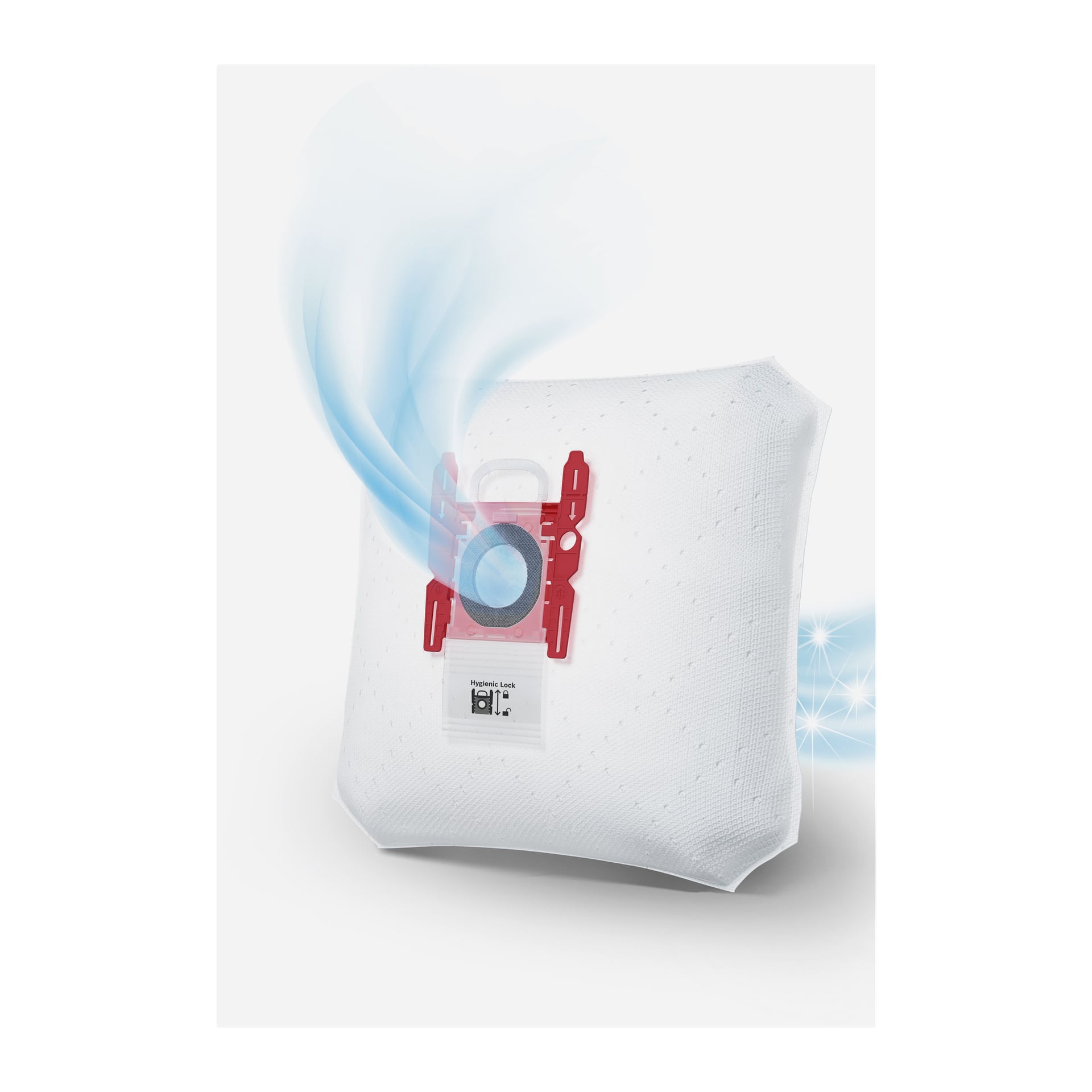 Worki do odkurzacza Bosch Home (typ G, 4-pak) kompatybilne z Bosch/Siemens, pokazujące białe worki z czerwonymi plastikowymi złączkami i niebieskimi wzorami symbolizującymi przepływ powietrza.