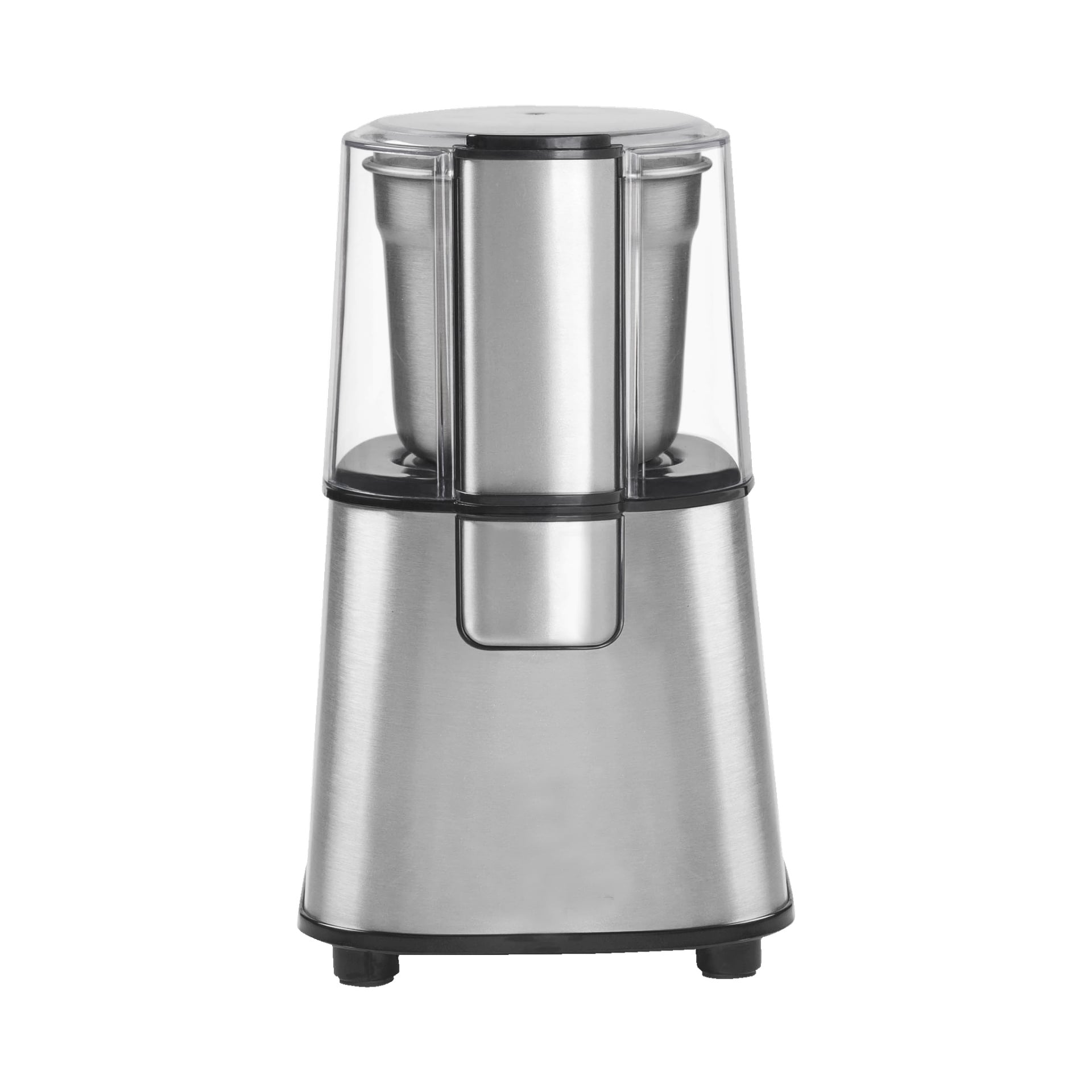 Menuett Coffee-kvarnen med en kropp i rostfritt stål, svart bas, genomskinligt plastlock och en slank cylindrisk design.