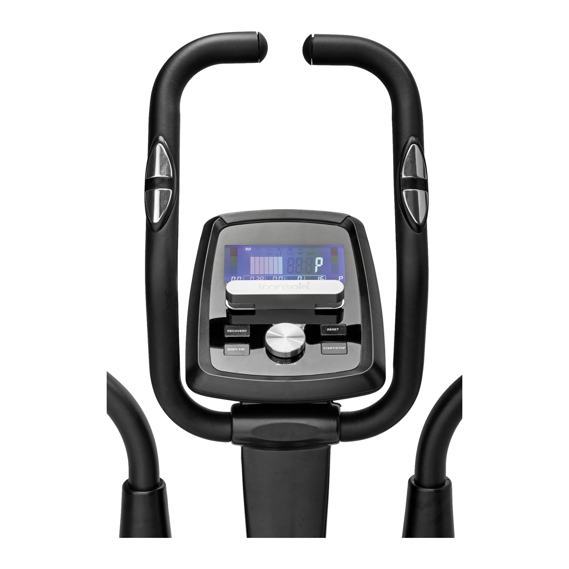 Detaljerad närbild av Kayoba Cross Trainer-konsolen, med digitala skärm, kontrollknappar och ergonomiskt böjda handtag. Displayområdet visar flera träningsstatistik i blå och svart grafik.