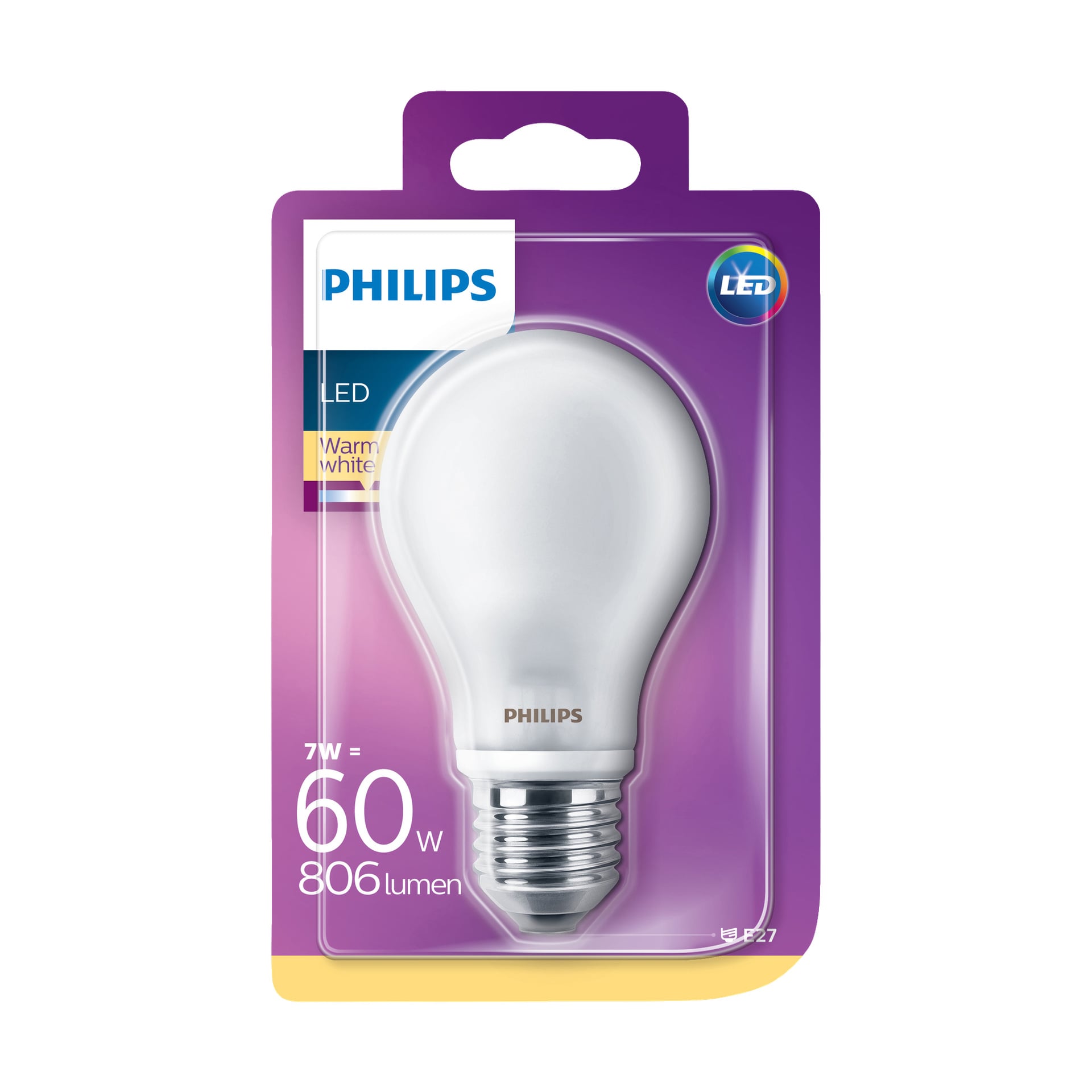 En Philips Normal LED-lampa i lila och klar förpackning, med detaljer som 7W = 60W, 806 lumen och varmt vitt. Både LED-insidan och Philips-logotyperna är synliga. Glödlampan har en standard skruvsockel.