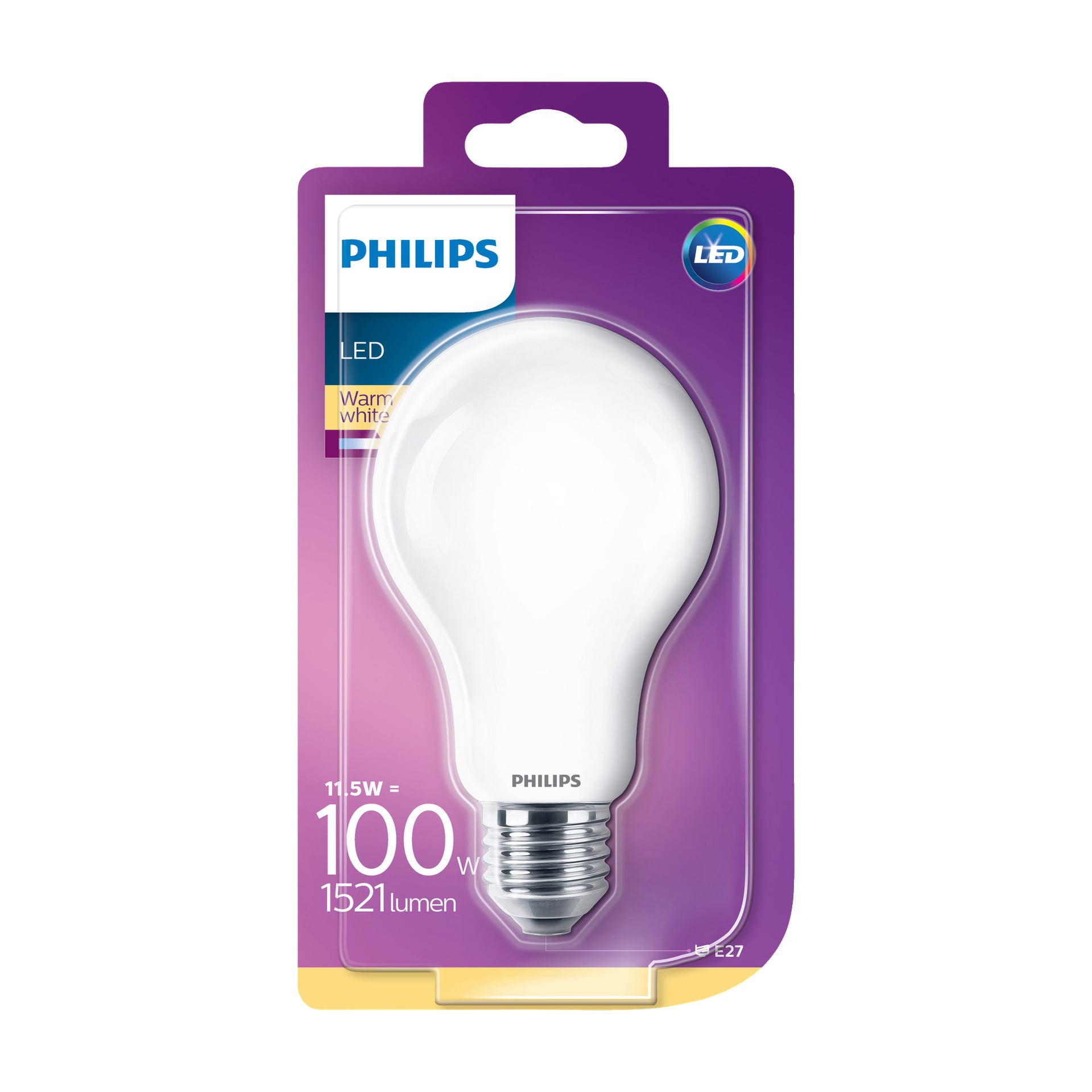En Philips Normal LED-lampa inuti sin övervägande rosa och lila låda, märkt 11,5W = 100W, 1521 lumen, varmt vitt ljus, E27-bas. Förpackningen har ett transparent fönster genom vilket lampan syns.