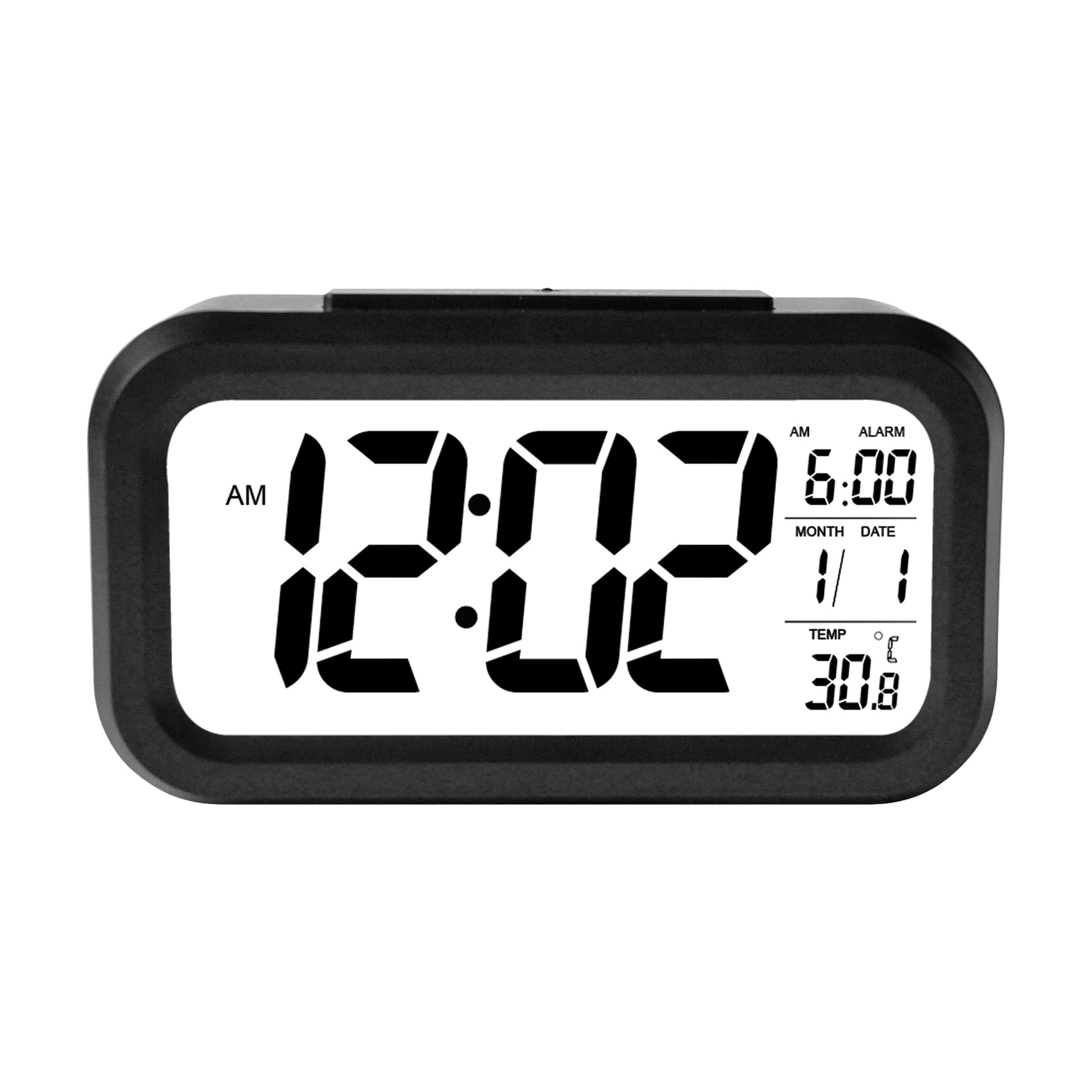 En svart Marquant-väckarklocka visar 00:02, med alarmet inställt på 06:00. Displayen visar datumet som 1 januari och en temperatur på 30,8°C.