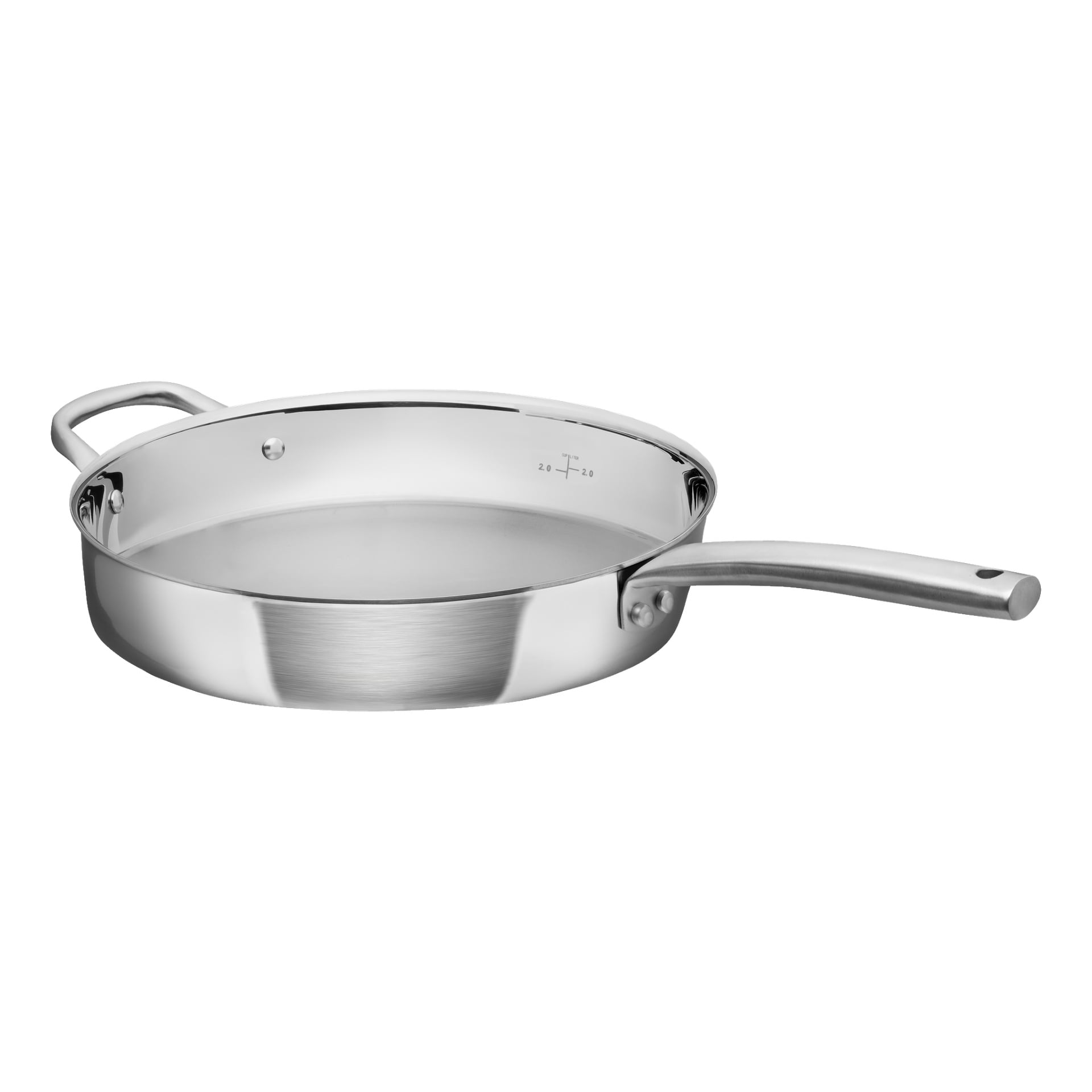 Menuett rustfri stålpanne med langt håndtak, lite hjelpehåndtak og interne 2.0-merkinger.
