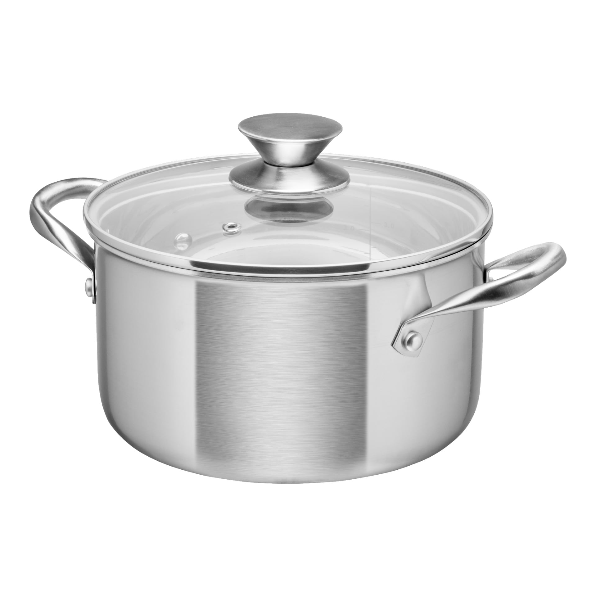En Menuett-gryta med två handtag och ett klart glaslock toppat med en rund metallknopp är tom. Krukan har en borstad rostfri stålfinish.