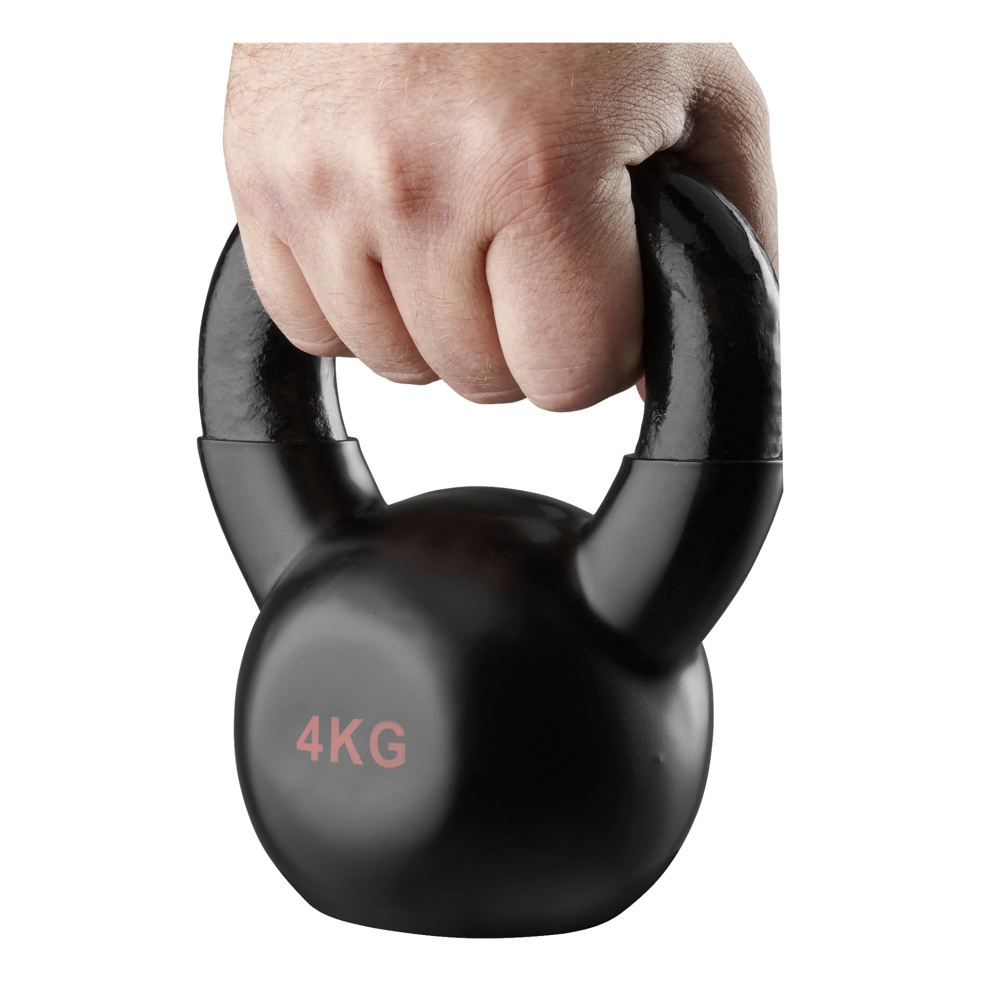 Käsi, joka pitää mustan Kayoba-kahvakuulan kahvaa, jonka edessä on vaaleanpunaisin kirjaimin merkitty 4KG.