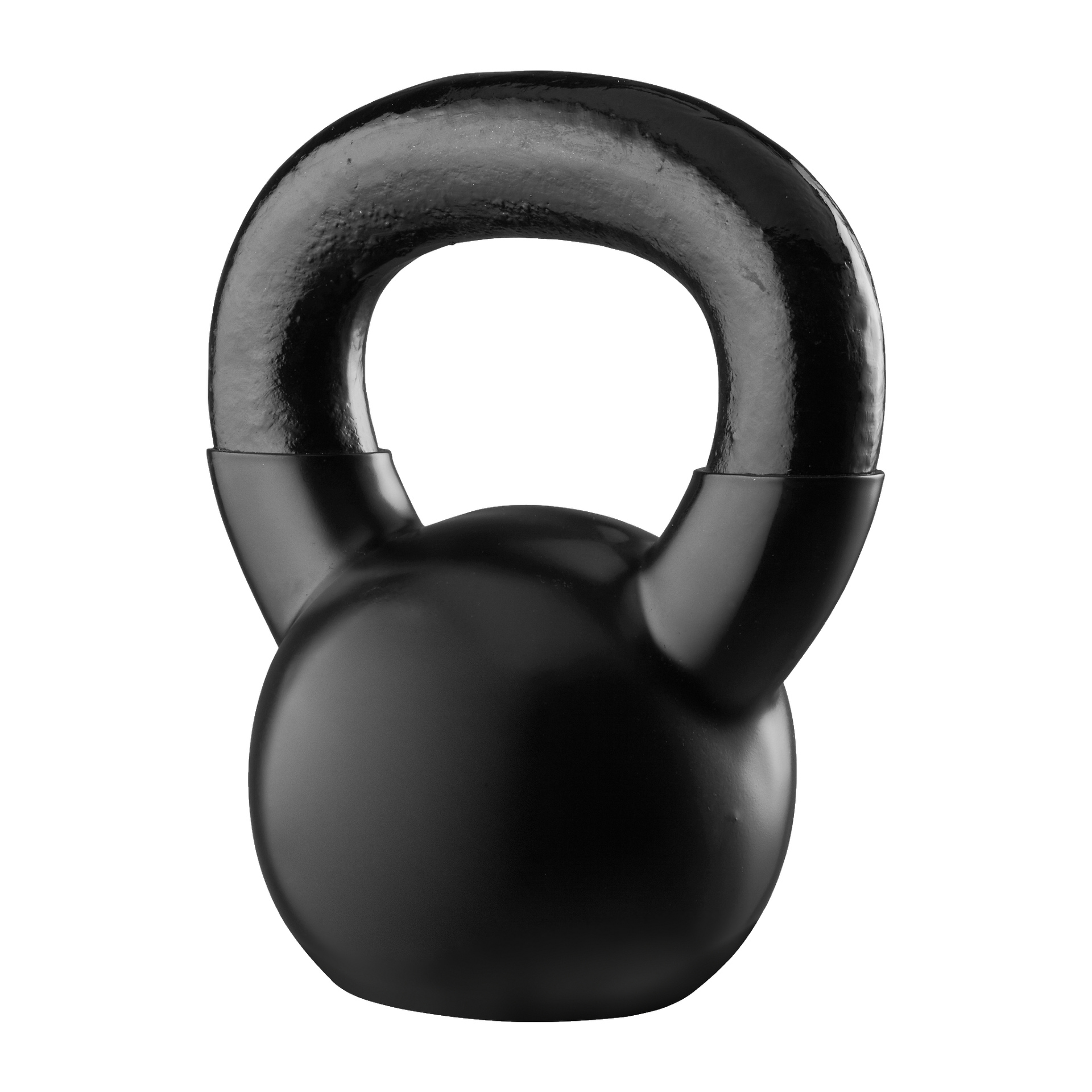 Mattamusta Kayoba Kettlebell istuu keskellä, korostaen kaarevaa kahvaa, sileää pyöreää runkoa ja tukevaa rakennetta.