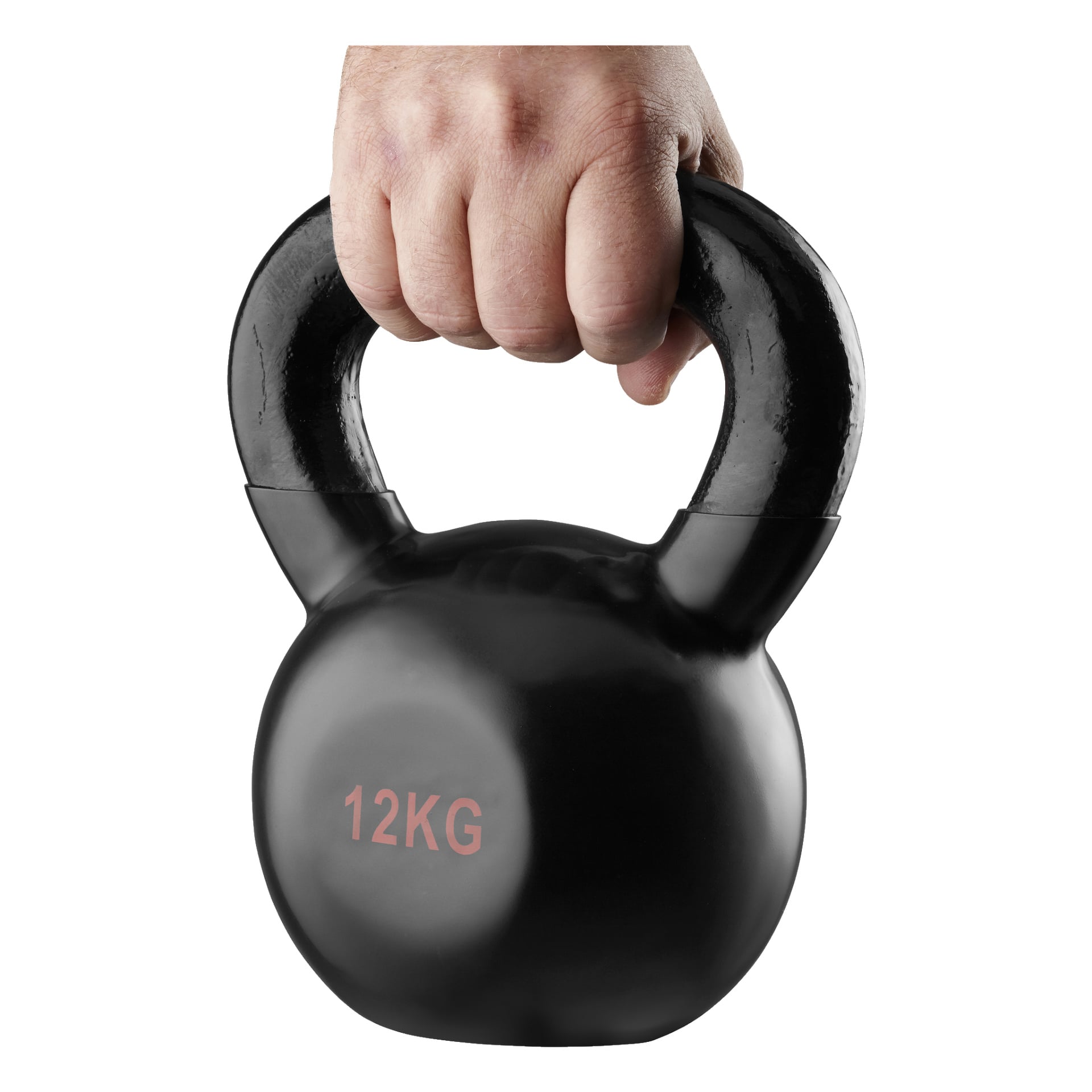 En hånd holder håndtaket på en Kayoba kettlebell med svart finish og "12KG" merket i rødt på siden, plassert oppreist.
