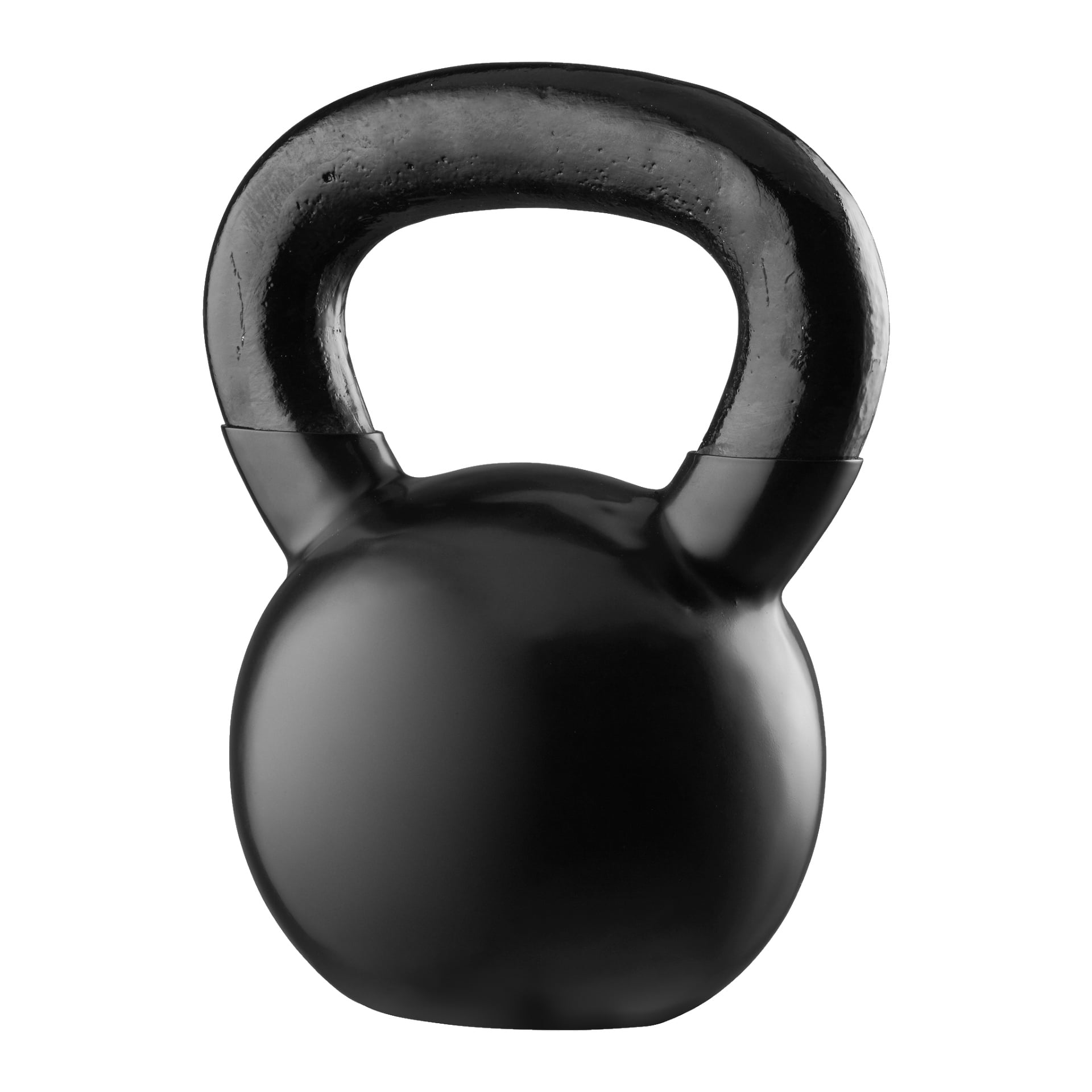 Kayoba Kettlebell har en glatt, matt svart overflate med et tykt, buet håndtak designet for et fast og sikkert grep under treningsøkter.