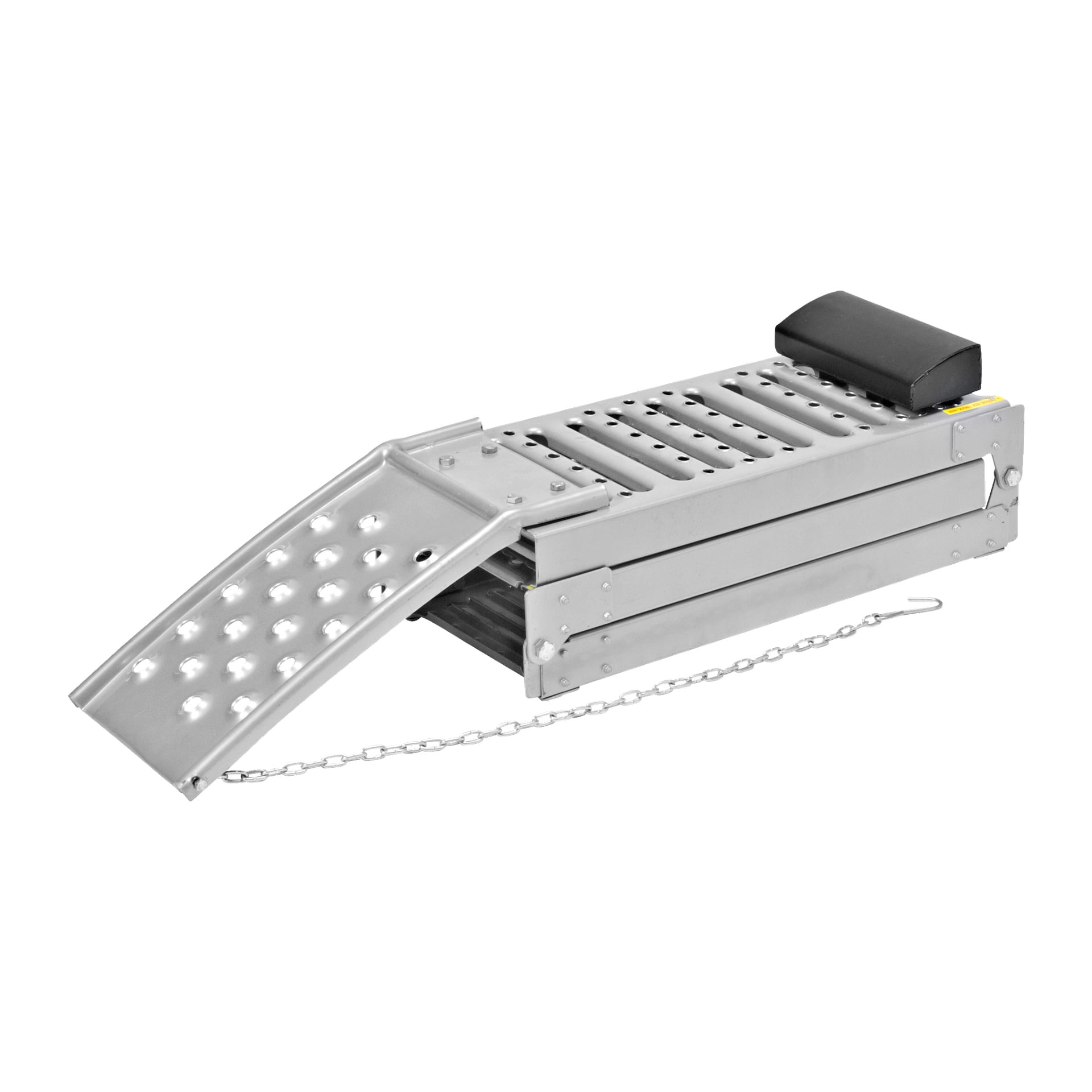 Hamron Load Ramp 2 Pack zawiera metalowe rampy z perforowanymi powierzchniami, delikatnie zakrzywionymi dla łatwiejszego załadunku, każda zakończona czarnym wyściełanym zatkiem i wyposażona w łańcuch bezpieczeństwa. Zbudowane z myślą o trwałości, rampy te mają za zadanie bezpiecznie podnosić pojazdy podczas prac konserwacyjnych lub naprawczych.