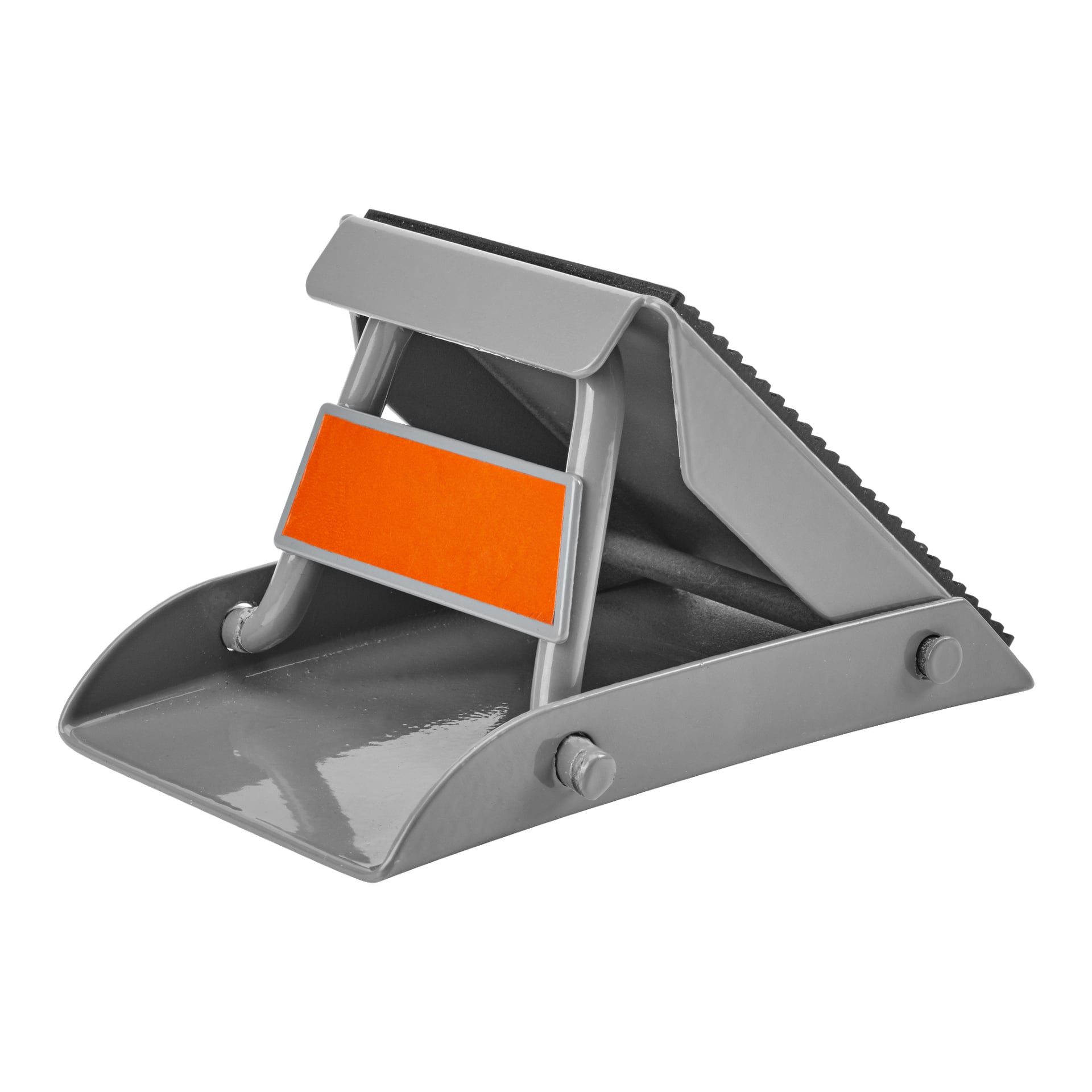 Uppsättningen består av två Hamron-hjulklossar byggda av grå metall med texturerad yta, där varje sida är säkrad med två bultar och en orange reflekterande remsa som löper över mittstödsstången.