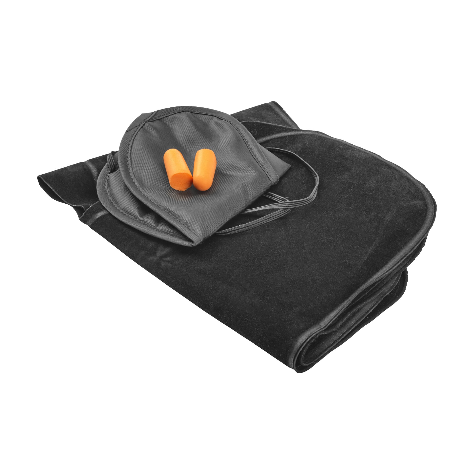 Ett Kayoba Travel-kit visas, inklusive en vikt svart resefilt, en svart sovmask och orange skumproppar.