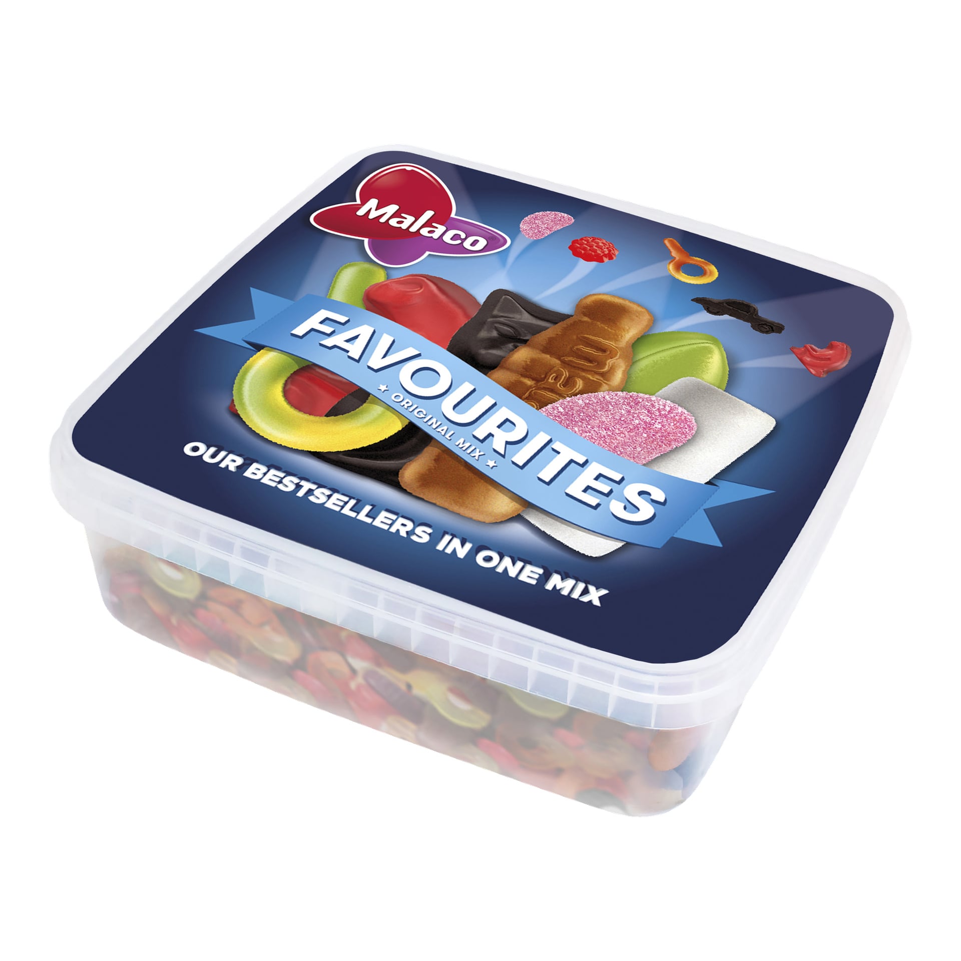 En gjennomsiktig plastboks merket Malaco Favourites Original Mix inneholder et utvalg av gummi- og lakrisgodteri. Etiketten viser bilder av ulike godteriformer og inneholder uttrykket «Our bestsellers in one mix» på blå bakgrunn.