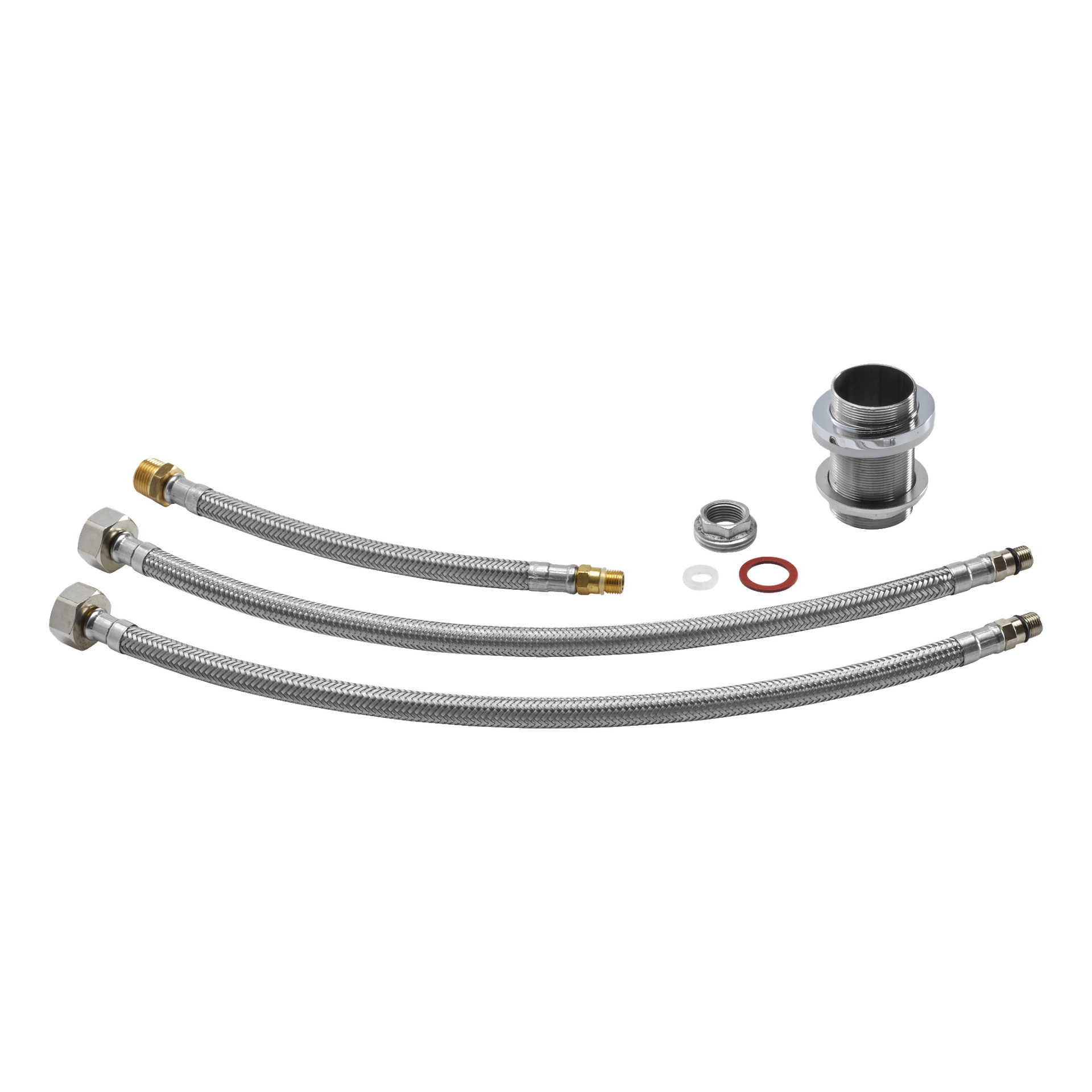 Curaqua Kitchen mikser sammen med tilbehøret – tre fleksible metallslanger med koblinger, en gjengede metallkobling, gummiskive, metallskive og plastring – er pent arrangert.