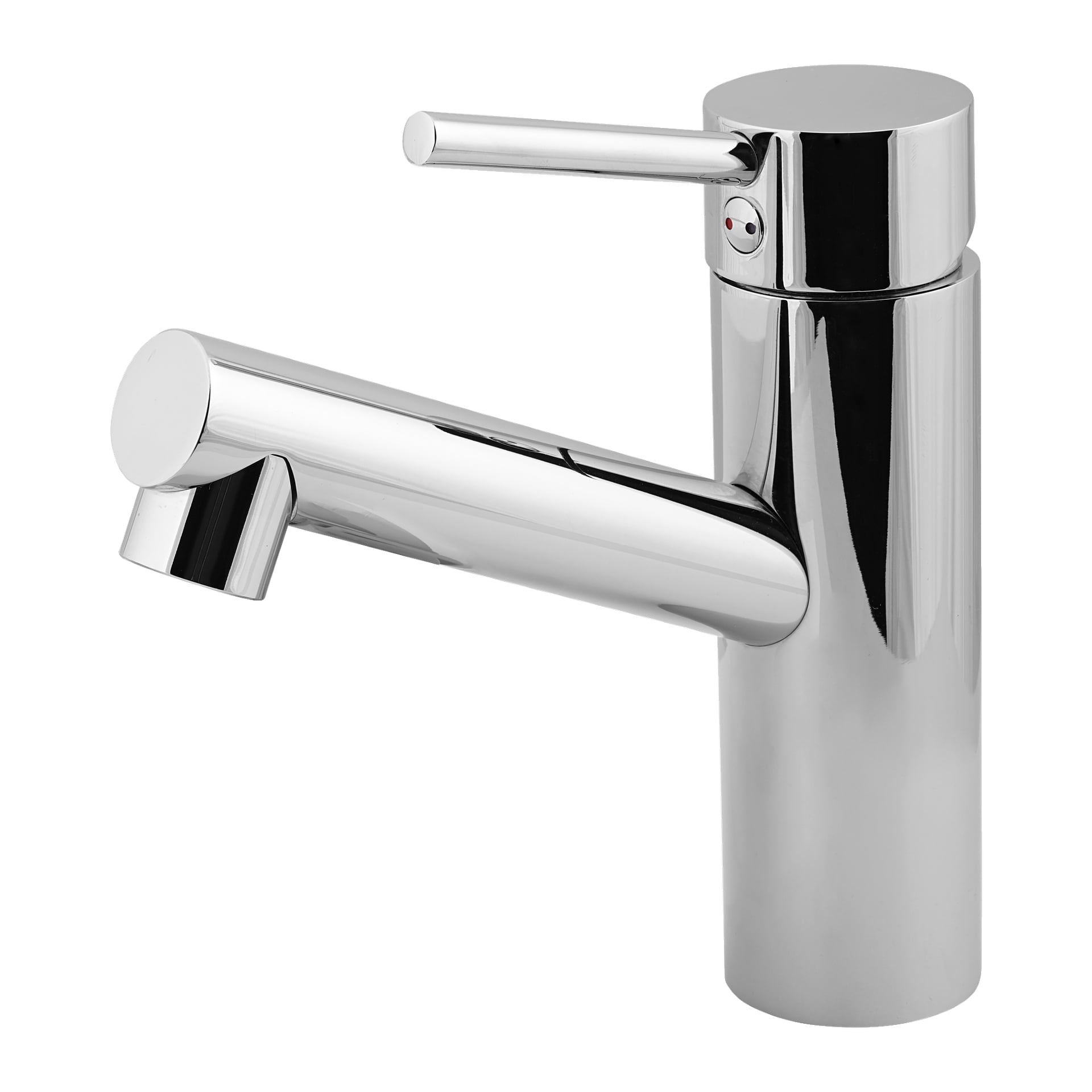 Curaqua Washbasin -vatsainhana näyttää tyylikkäältä kromiselta, yhdellä kahvalla ylhäällä, sylinterinmuotoinen pohja ja lyhyt, viisto nokka. Pohjan lähellä on myös pieni kuuma/kylmä-merkki.