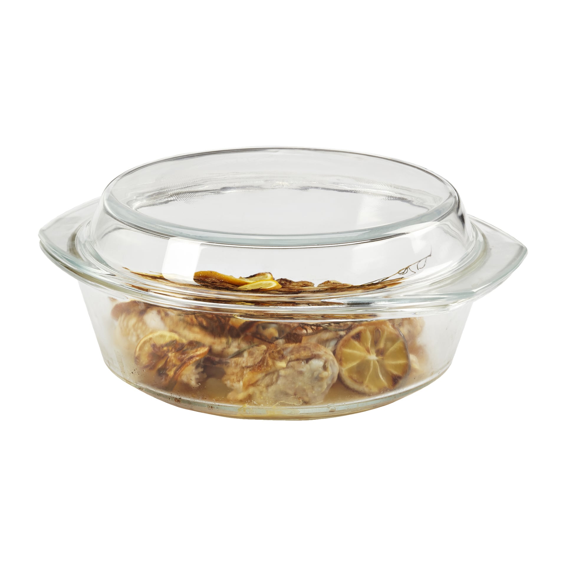 Menuett Oven-rätten med glaslock innehåller ugnsbakad kyckling och citronskivor.
