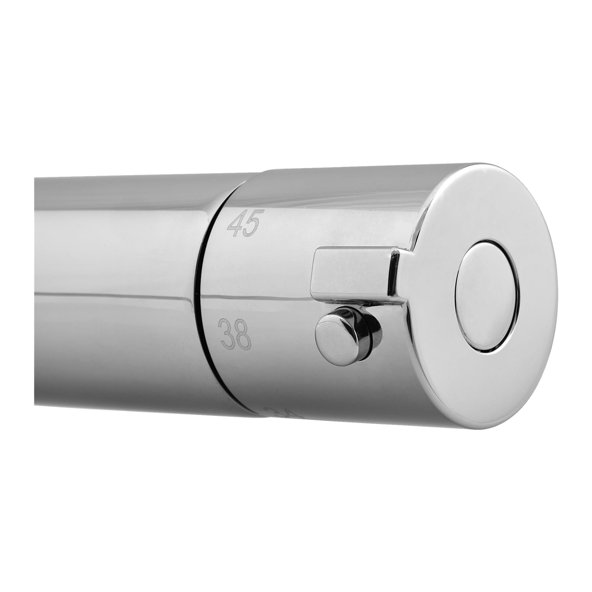 Närbild av en slank cylindrisk Curaqua Shower-mixer i metall med graverade siffror 45 och 38, tillsammans med en rund ratt eller knapp som har en liten sidospak.