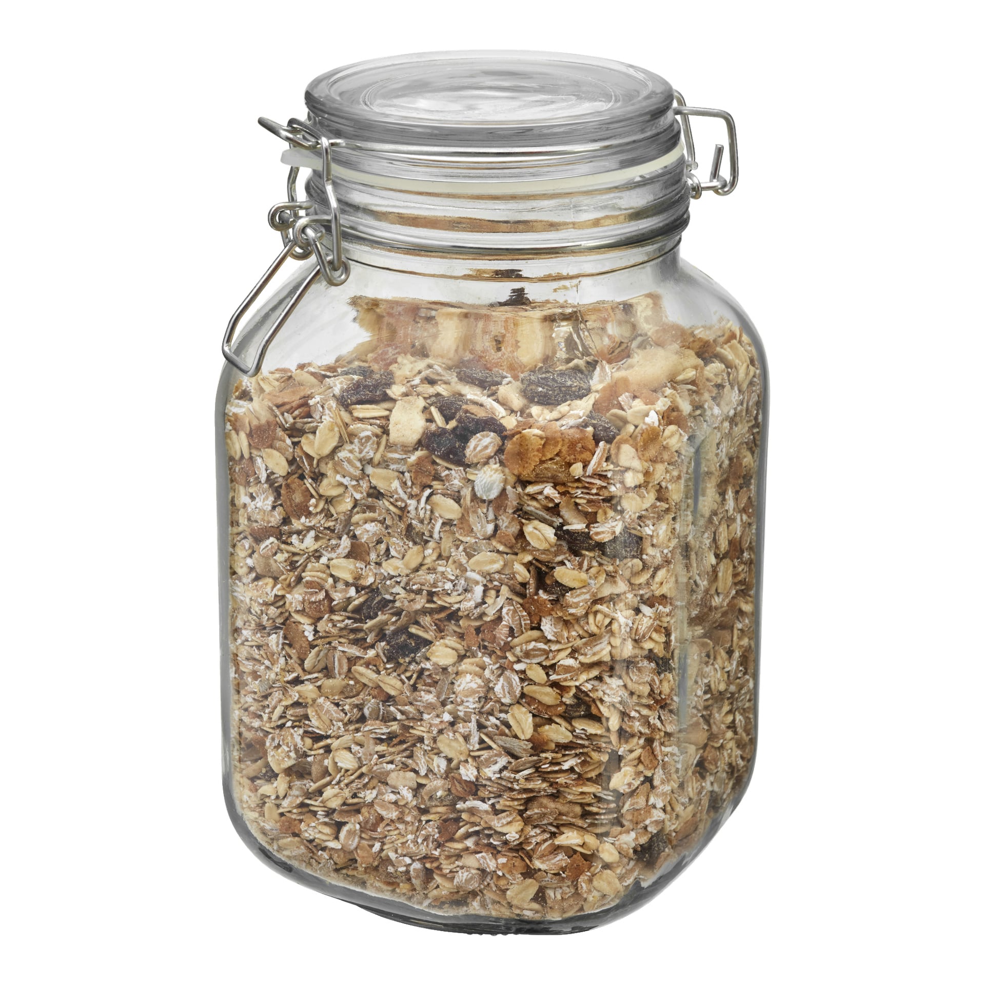 En Menuett-glasburk med en gungstopp innehåller en blandning av torr havre, nötter och torkad frukt som ser ut som müsli eller granola.