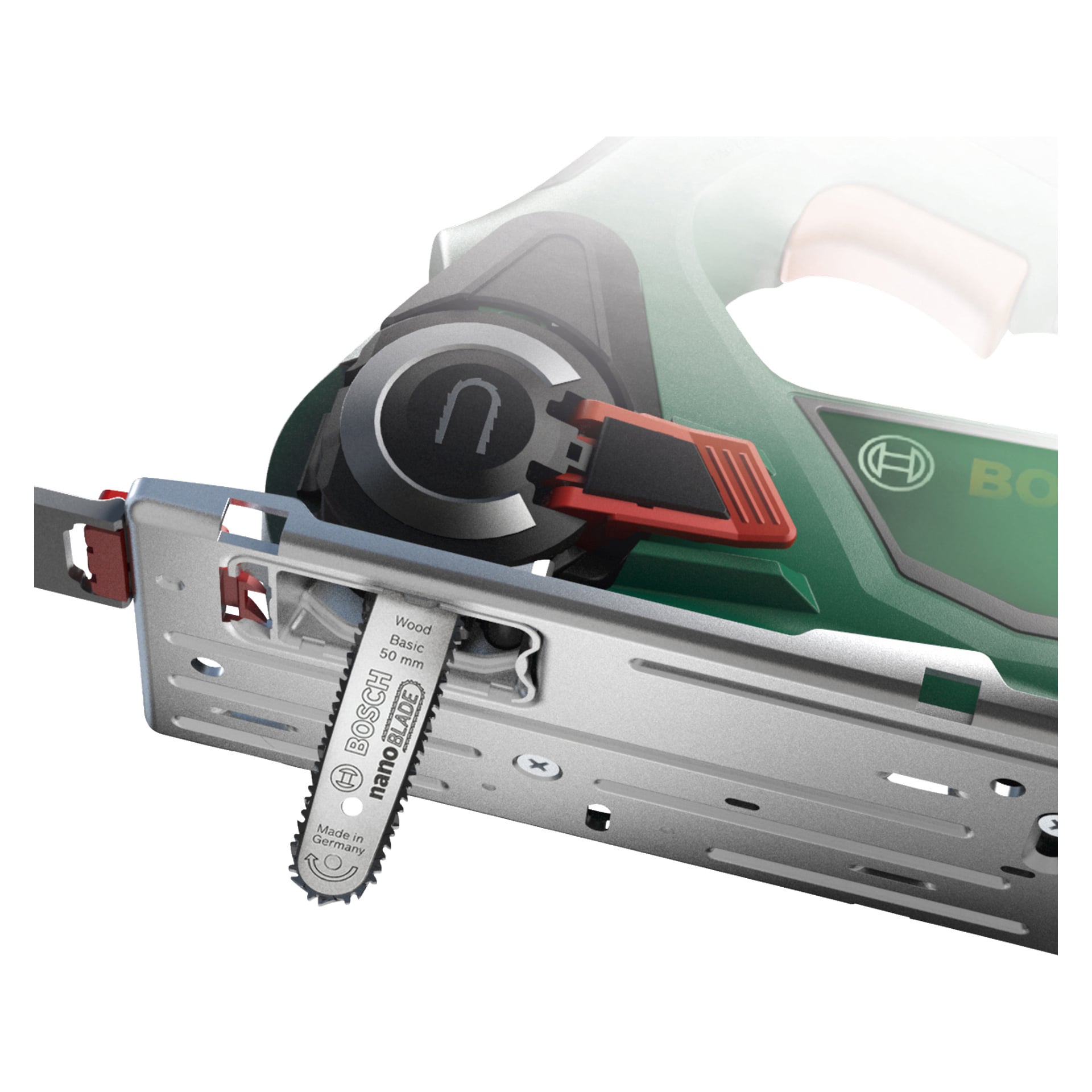 En detaljerad vy av ett Bosch Multi-saw Wood Basic 50 mm-blad monterat på verktyget, med justeringsrattar och en synlig del av den gröna Bosch-enheten.