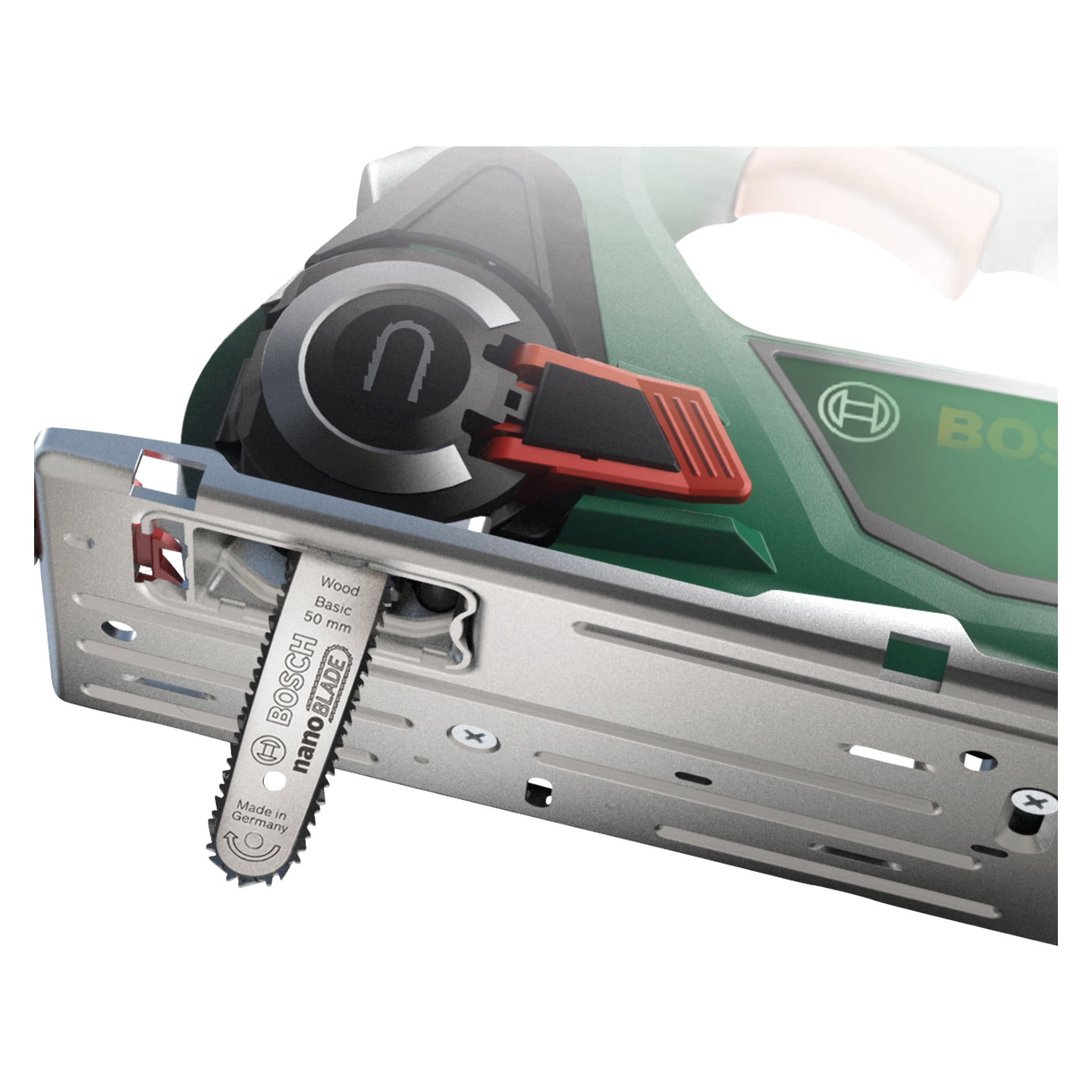 Nærbilde av et Bosch elektrisk verktøy med et sølvfarget Wood Speed 50 Multi-sagblad delvis satt inn i metallbasen, som viser justeringsspaker og Bosch-logoen.