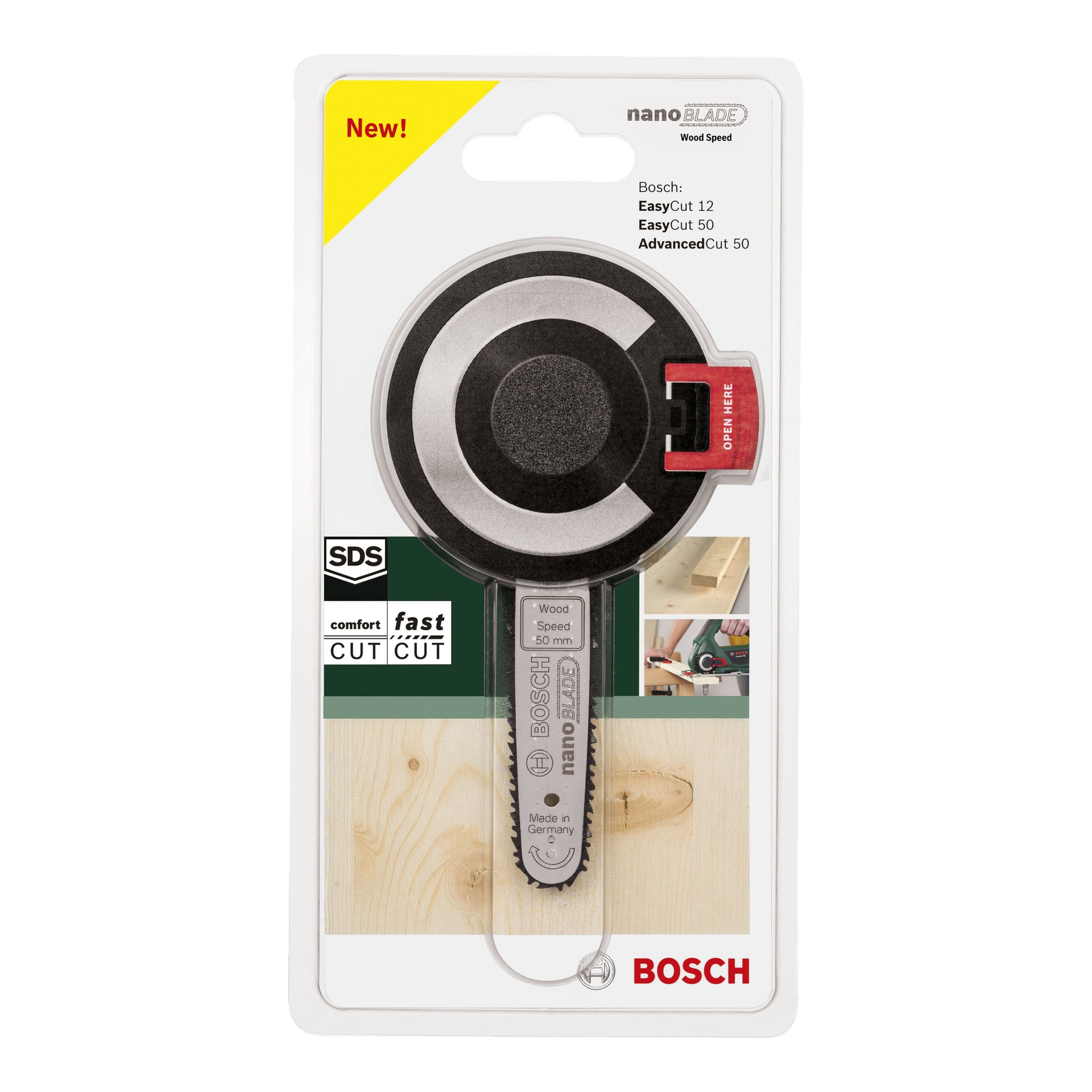 Bosch Multi-saw Wood Speed 50 erstatningsbladet vises i butikkemballasje med produktdetaljer, treskjærebilder og dristig Bosch-merkevare. Emballasjen legger vekt på kompatibilitet, 50 mm bladstørrelse og nøkkelfunksjoner som EasyCut, AdvancedCut og Wood Speed.