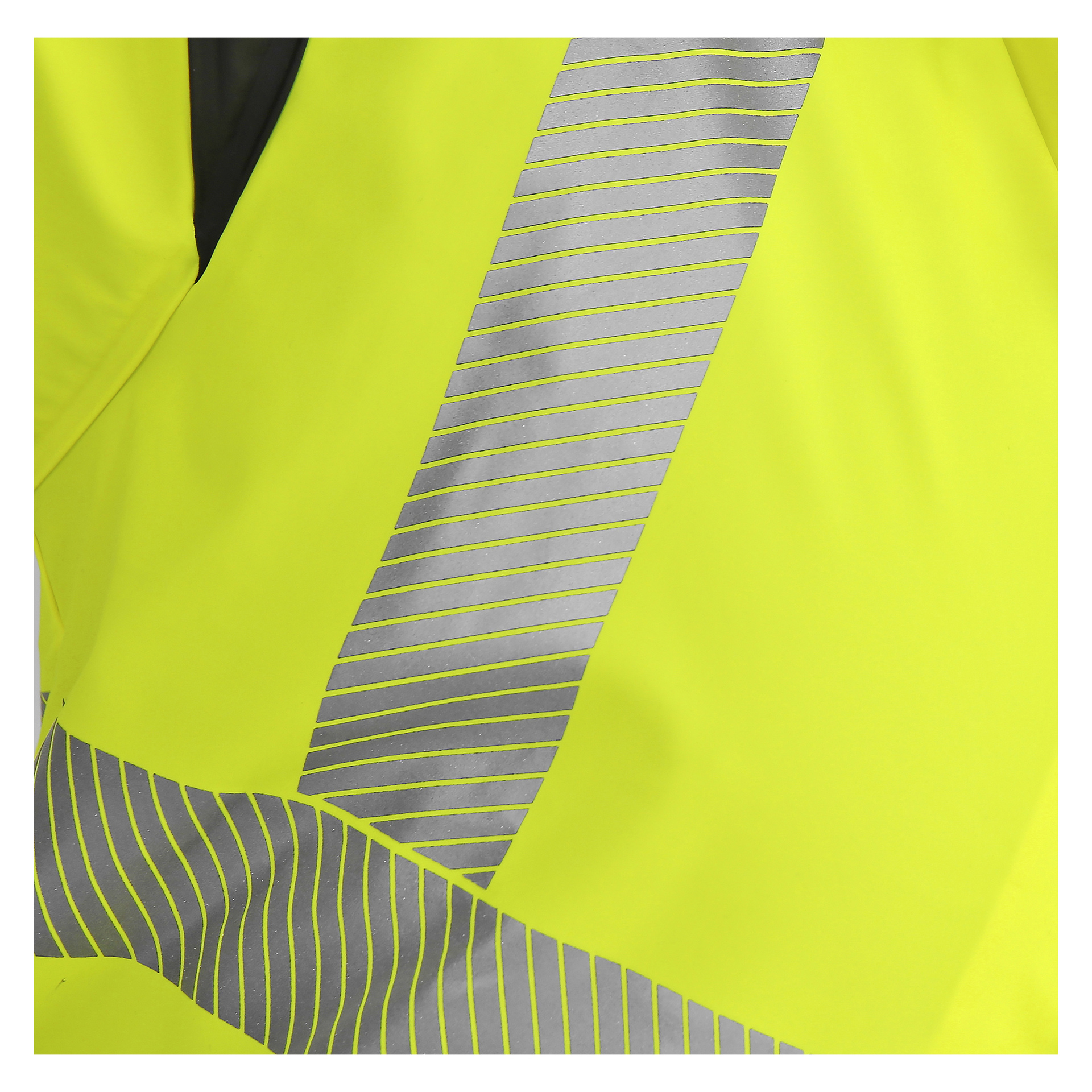 En detaljerad vy av Bluewear tvådelad hög-vis-regndräkt, med starkt neongult material och silverreflektiva band i både diagonal och horisontell riktning, typiskt för högsynlig säkerhetsutrustning.