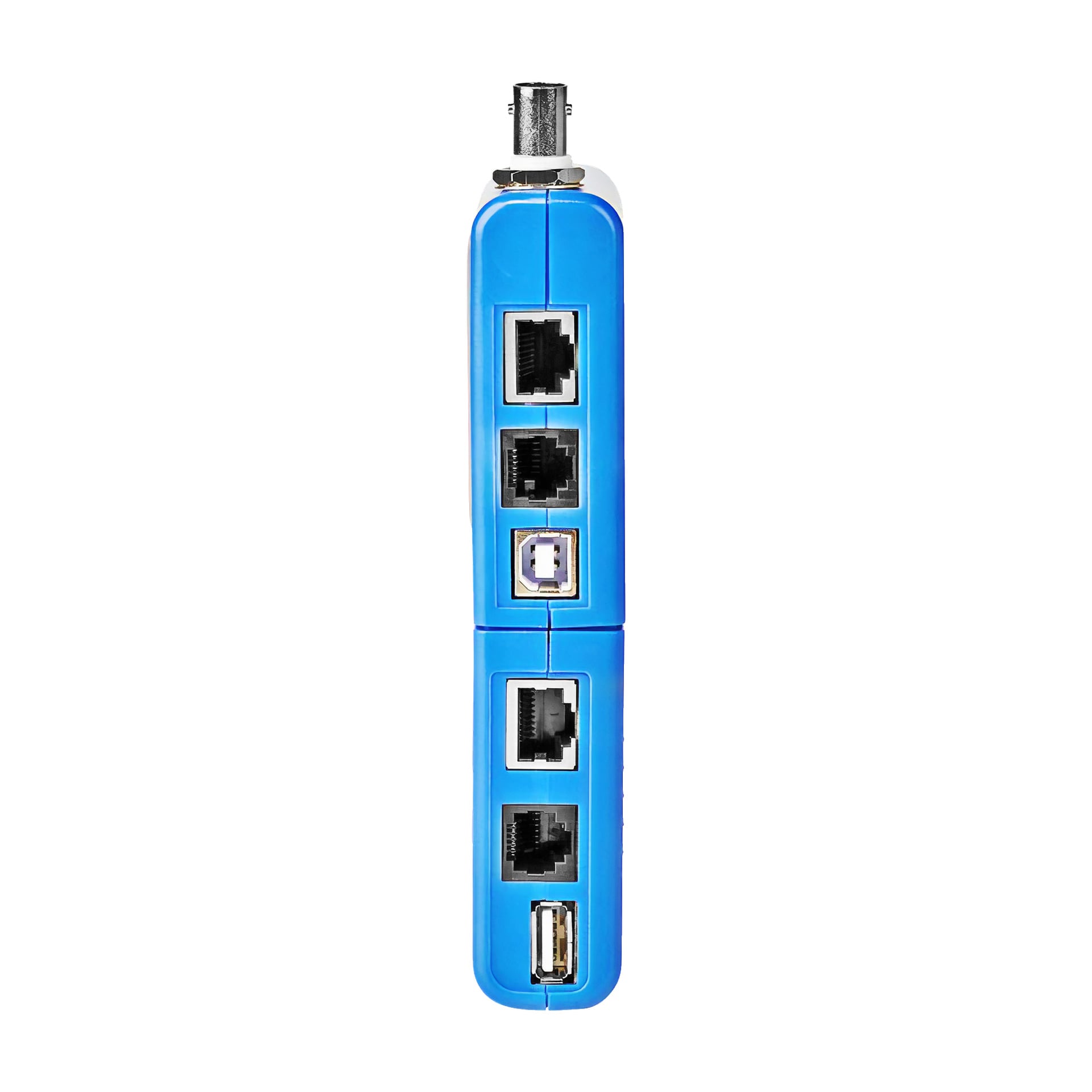 En frontvy av Nedis kabeltestare, en blå elektronisk enhet utrustad med olika portar såsom koaxial, Ethernet, USB och telefonuttag.