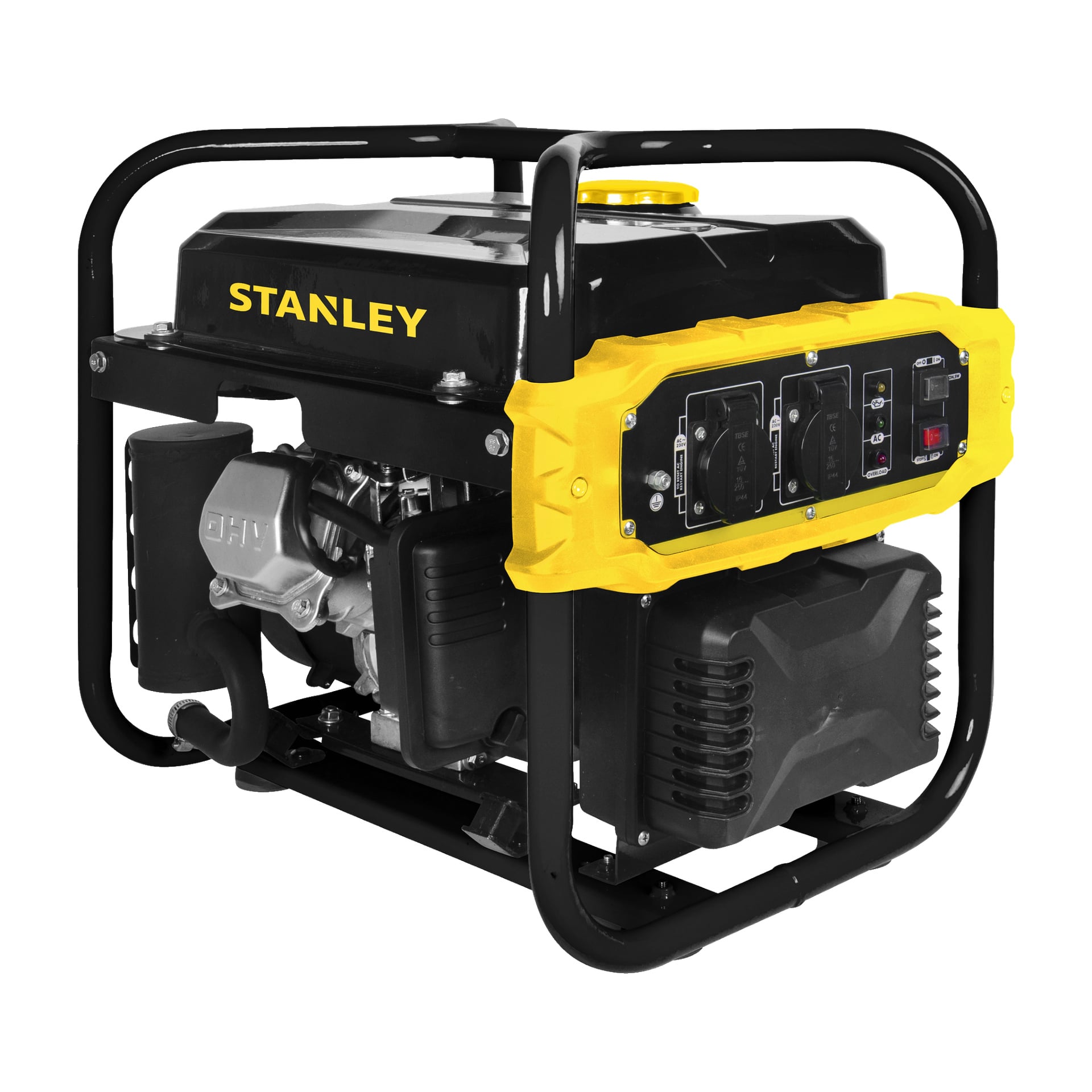 En svart och gul Stanley Generator SIG 2000-1 med en robust metallram, kontrollpanel och exponerad avgas, visad ur ett vinklat perspektiv.