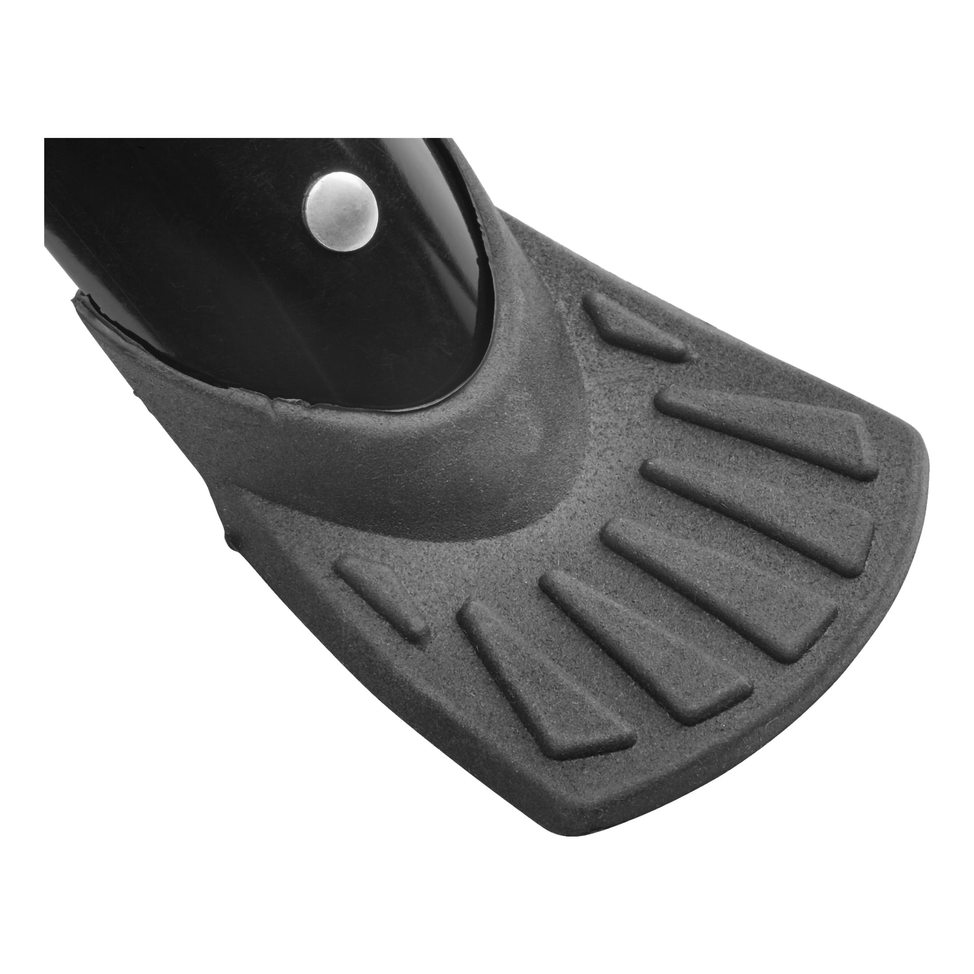 Närbild på en svart gummispets från Kayoba Mudguards med texturerade spår, monterad på änden av en metallkäpp eller käpp.