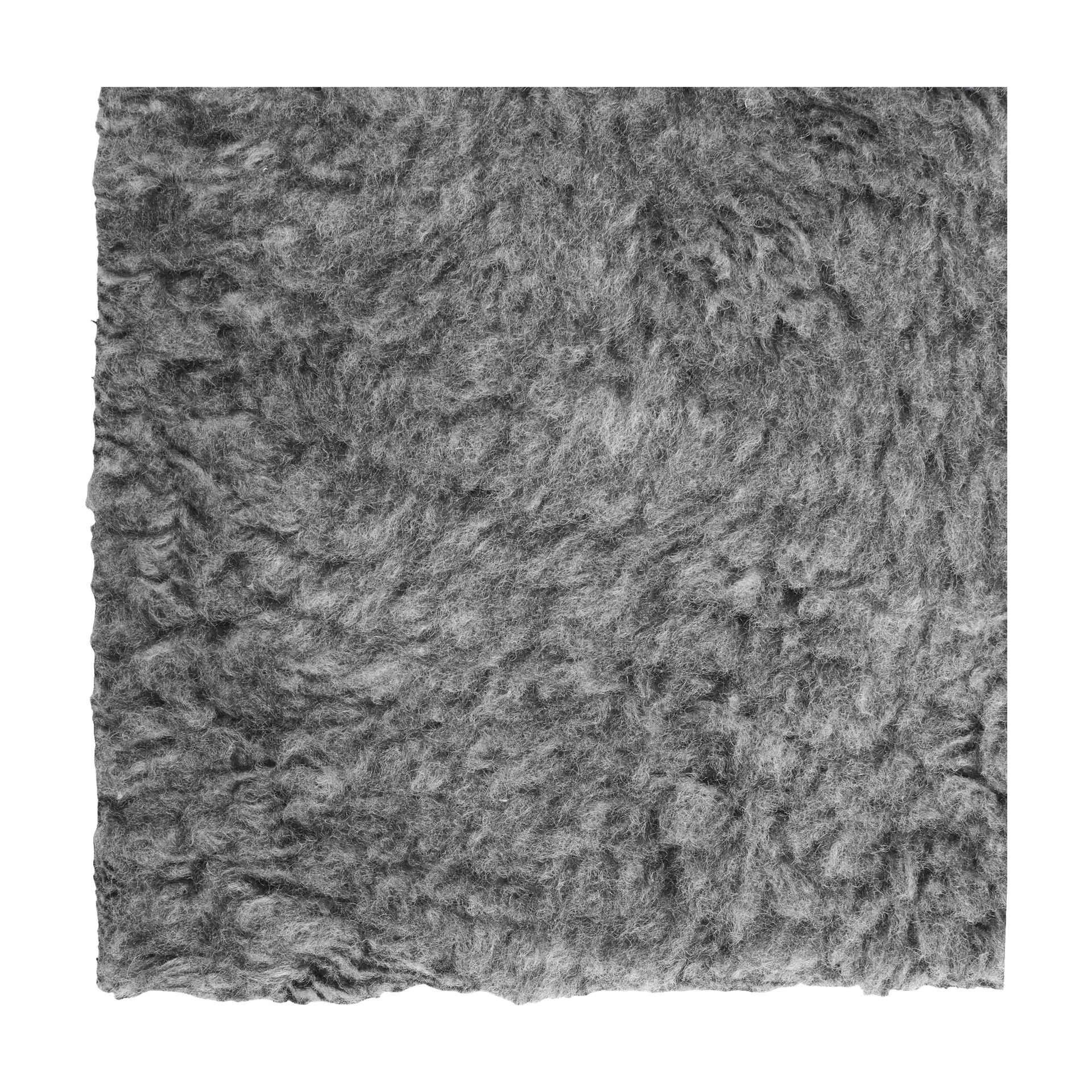Detaljerad närbild av Kayoba Pet Blanket, som visar dess grå, ullliknande tyg med en tjock och mjuk textur. Ytan är täckt av ojämna, vågiga mönster med framträdande fibrer synliga överallt.