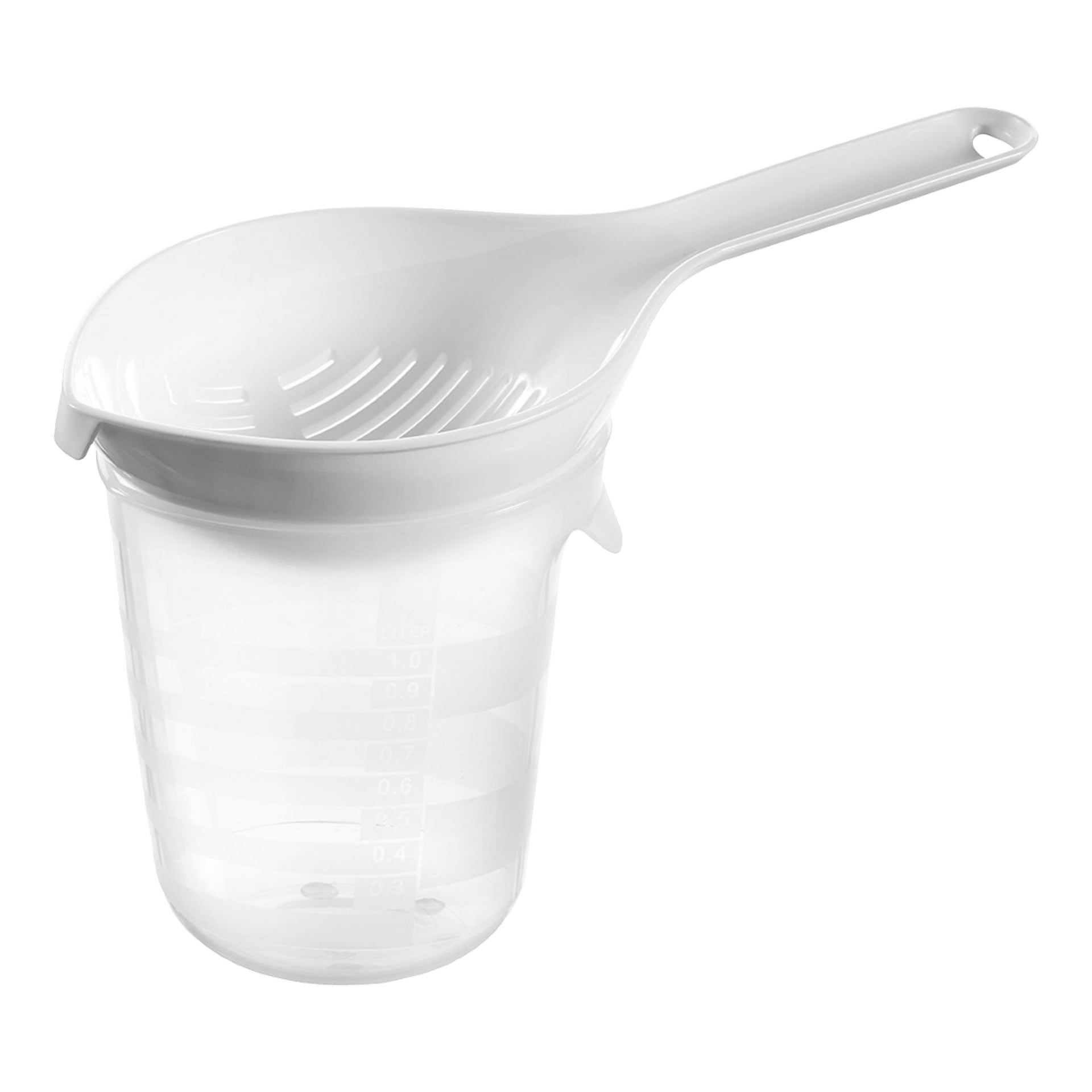 En vit plastsil märkt Menuett med handtag vilar ovanpå en genomskinlig mätbehållare med mätmärken. Båda föremålen är fläckfria och oanvända.