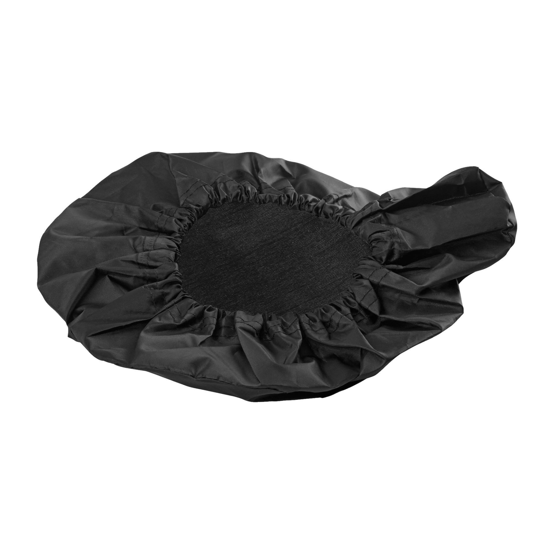 Ett svart satin-Kayoba-sadelskydd med elastisk kant ligger plan. Den är avsedd att skydda en sadel.