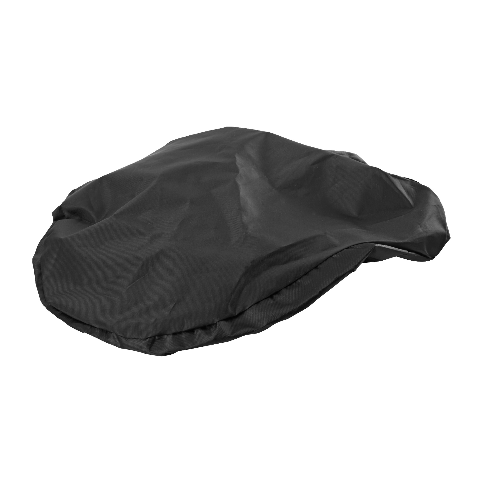 Ett svart Kayoba-sadelöverdrag med en slät tygyta ligger platt och framhäver dess rundade form och lätta material.