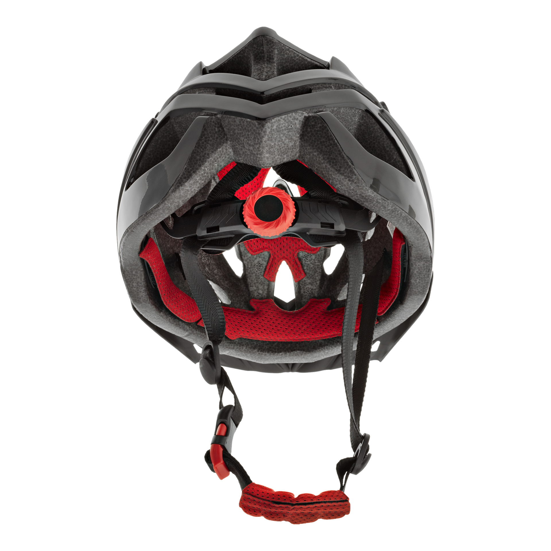 Ein Blick von unten auf den Kayoba Bike-Helm in Schwarz und Rot zeigt seine innere Polsterung, den verstellbaren Gurt und die Belüftungslöcher.