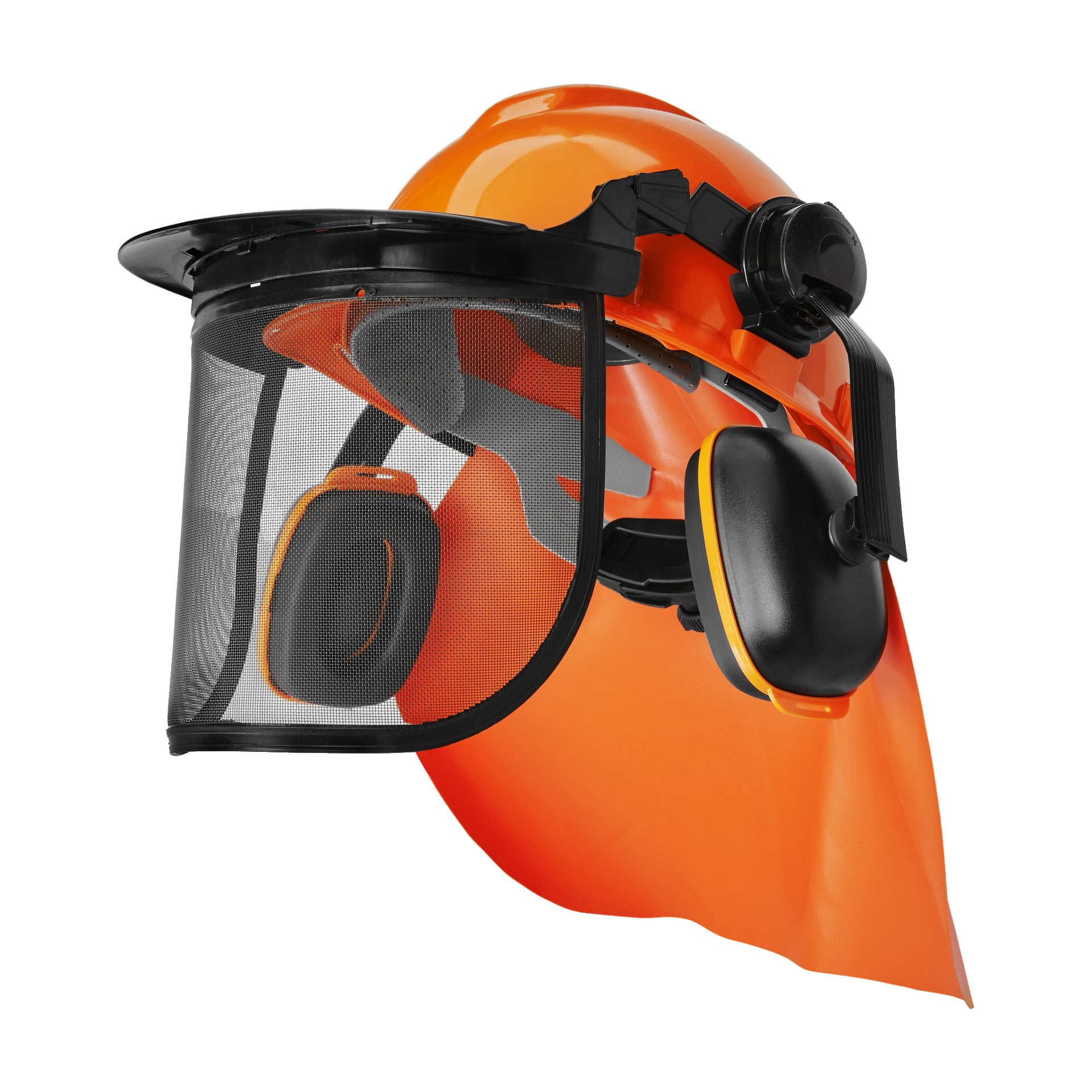 Bluewear Forestry-hjälmsetet inkluderar en orange säkerhetshjälm med nätskydd, hörselskydd och nackskydd.
