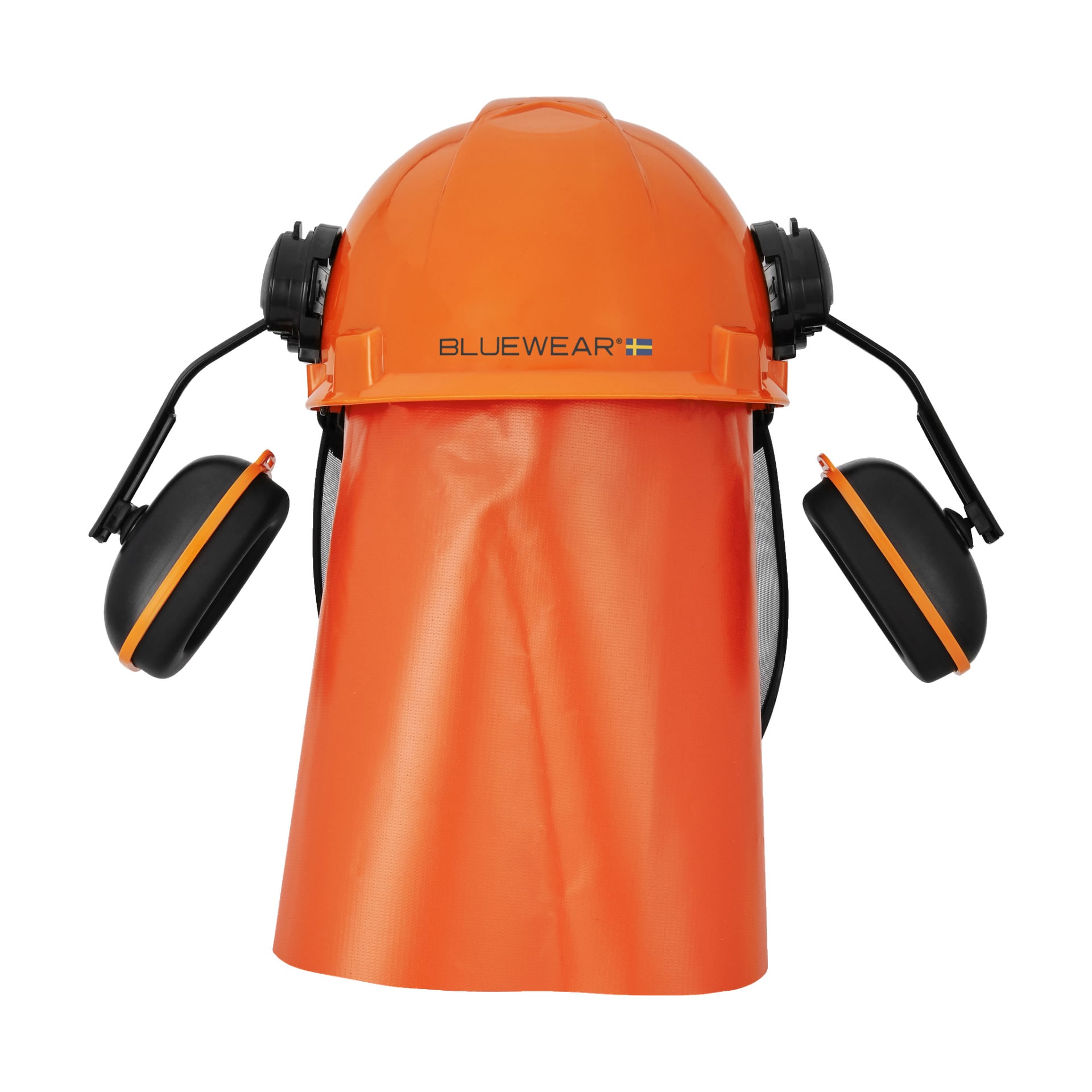 Bluewear forestry-hjälmset inkluderar en orange hjälm med Bluewear-loggan, inbyggda hörselskydd på varje sida och en skyddssköld i orange som täcker ansikte och hals framifrån och från sidorna.
