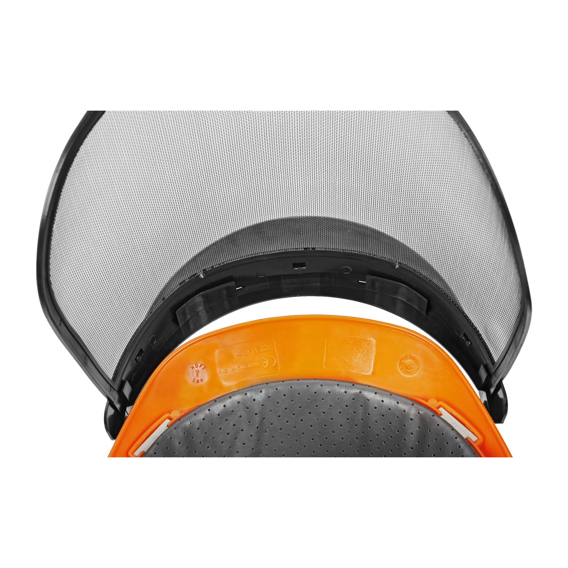En top-down-vy av Bluewear Forestry-hjälmsetet, som visar dess orange och svarta skyddsdesign med nätskärm och vadderad pannband.