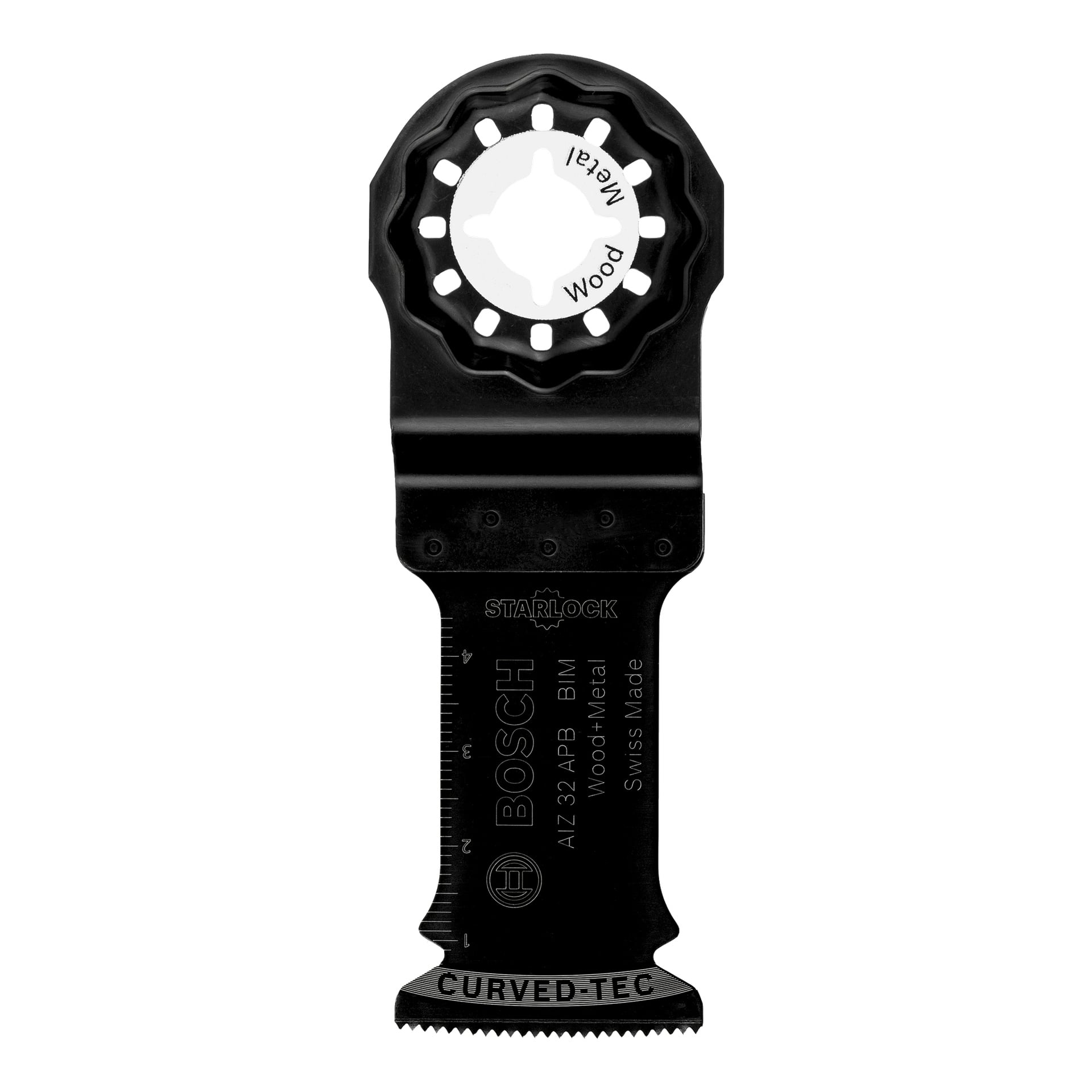 En svart Bosch Pro Saw AIZ32APB Starlock oscillerande multiverktygsblad med mätmarkeringar, en böjd skäregg och orden "Wood+Metal", "Swiss Made" och "Curved-Tec" tryckta på den.