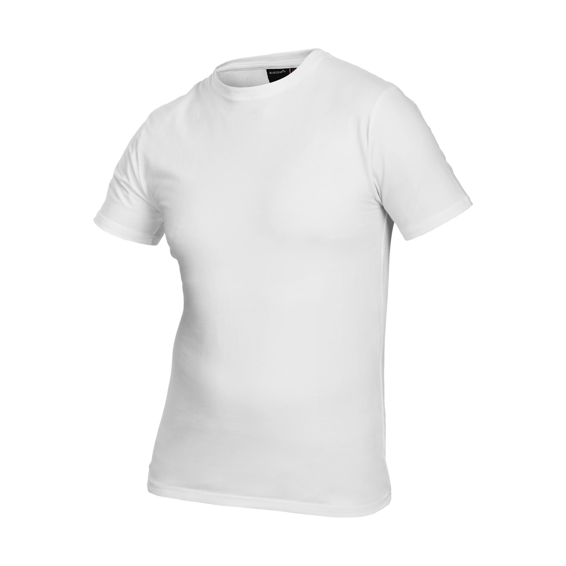 En Bluewear Pro Workwear herr-T-shirt visas ur en liten vinkel, vilket betonar dess minimalistiska design och släta tyg.