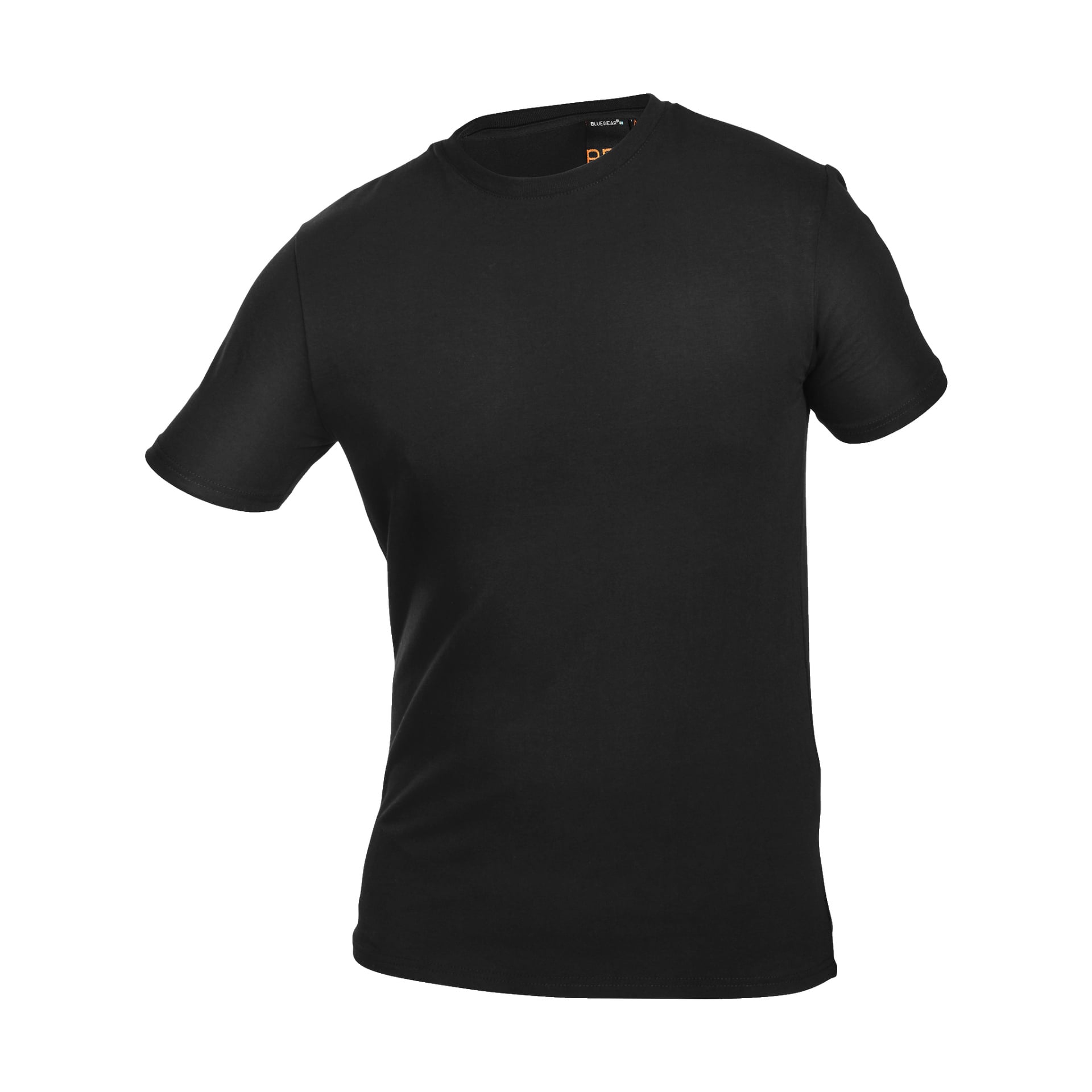 En enkel svart herr-T-shirt från Bluewear Pro Workwear visas. Skjortan har korta ärmar och en klassisk rund halsringning, med en enkel design fri från logotyper, grafik eller mönster.
