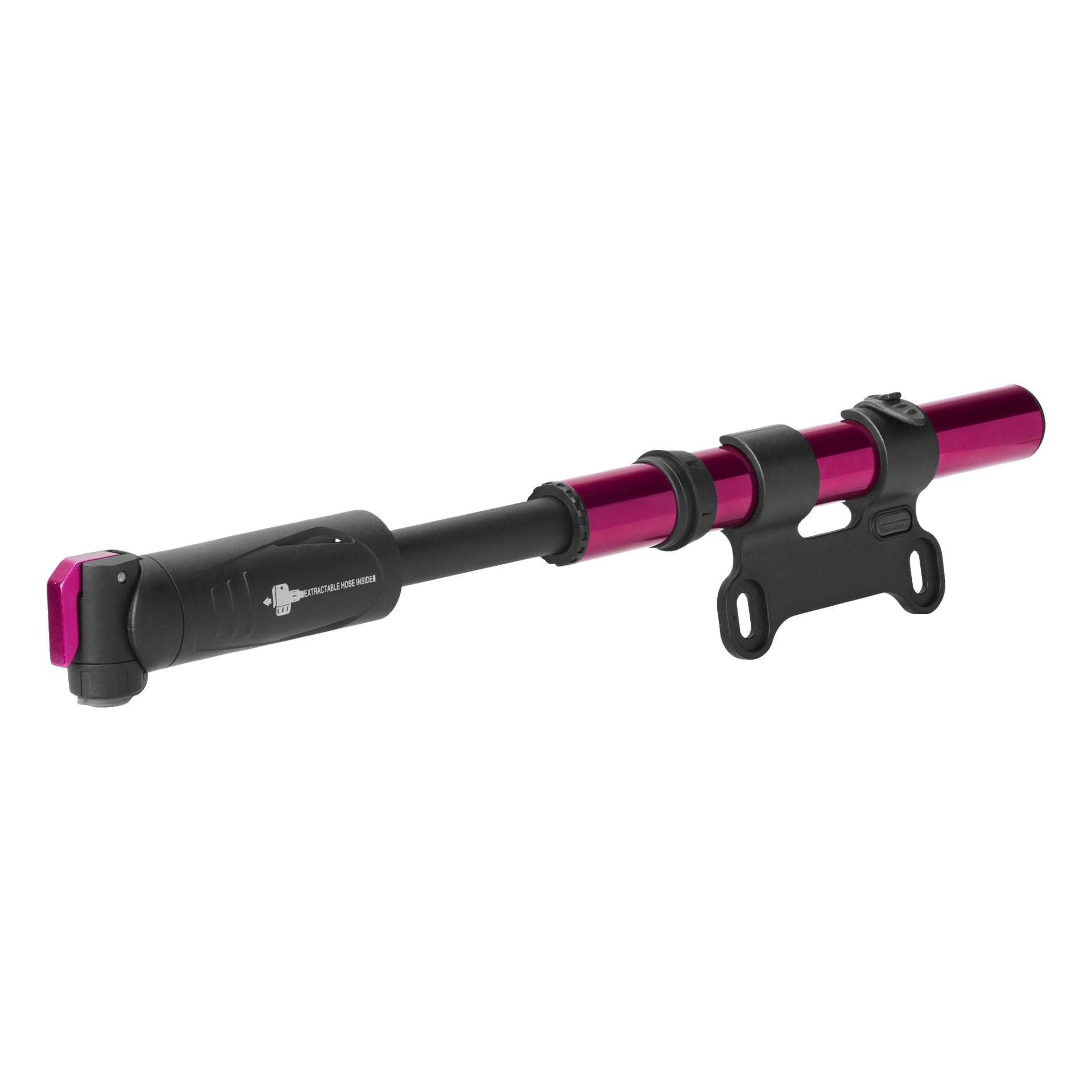 En kompakt, portabel GIYO-cykelpump med ergonomiskt grepp, svart handtag och metalliskt rosa pipa. Den inkluderar ett svart plastfäste och har en liten logga synlig på sig.