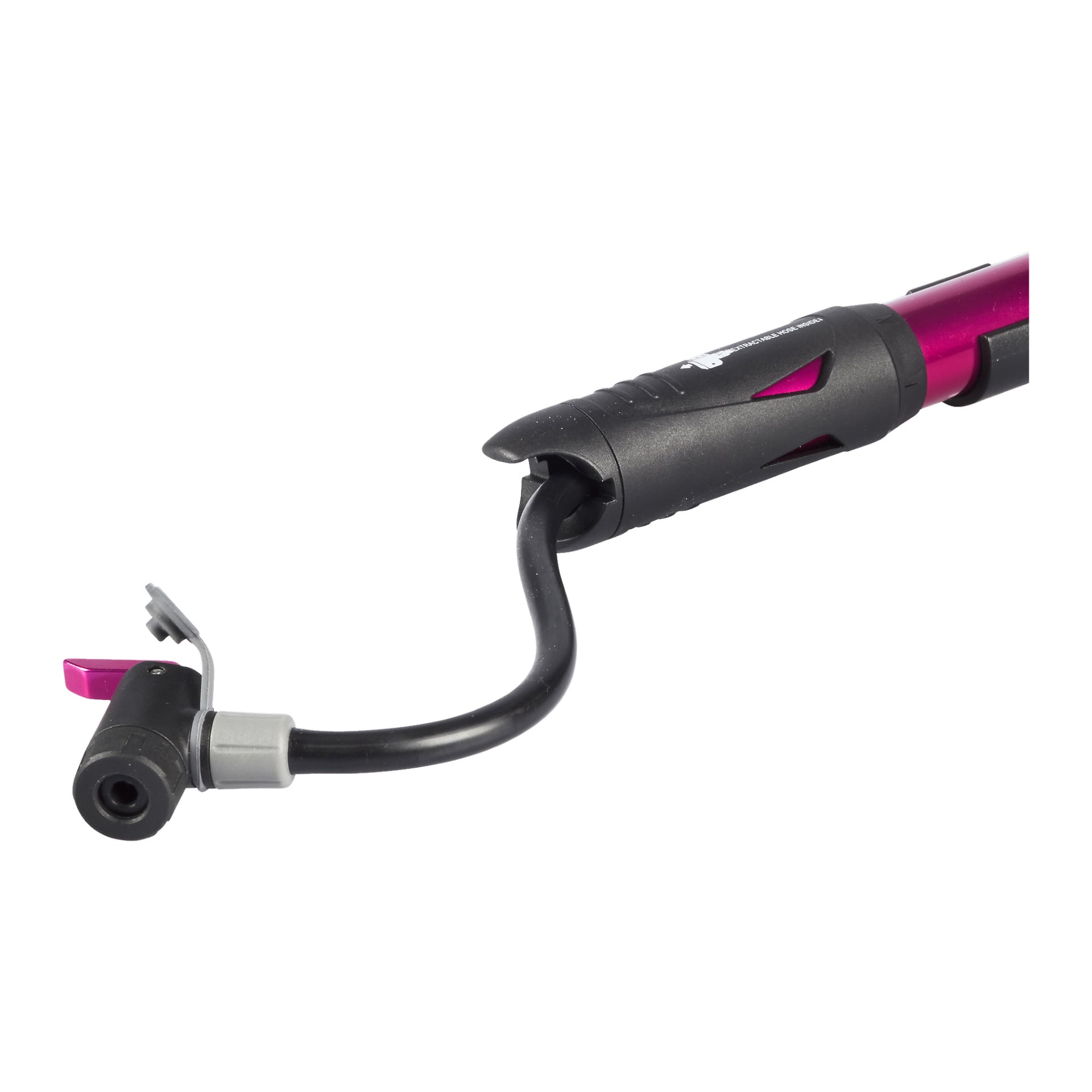 En närbild av GIYO Bike-pumpen visar dess svarta handtag och en flexibel slang fäst vid ventilkontakten.