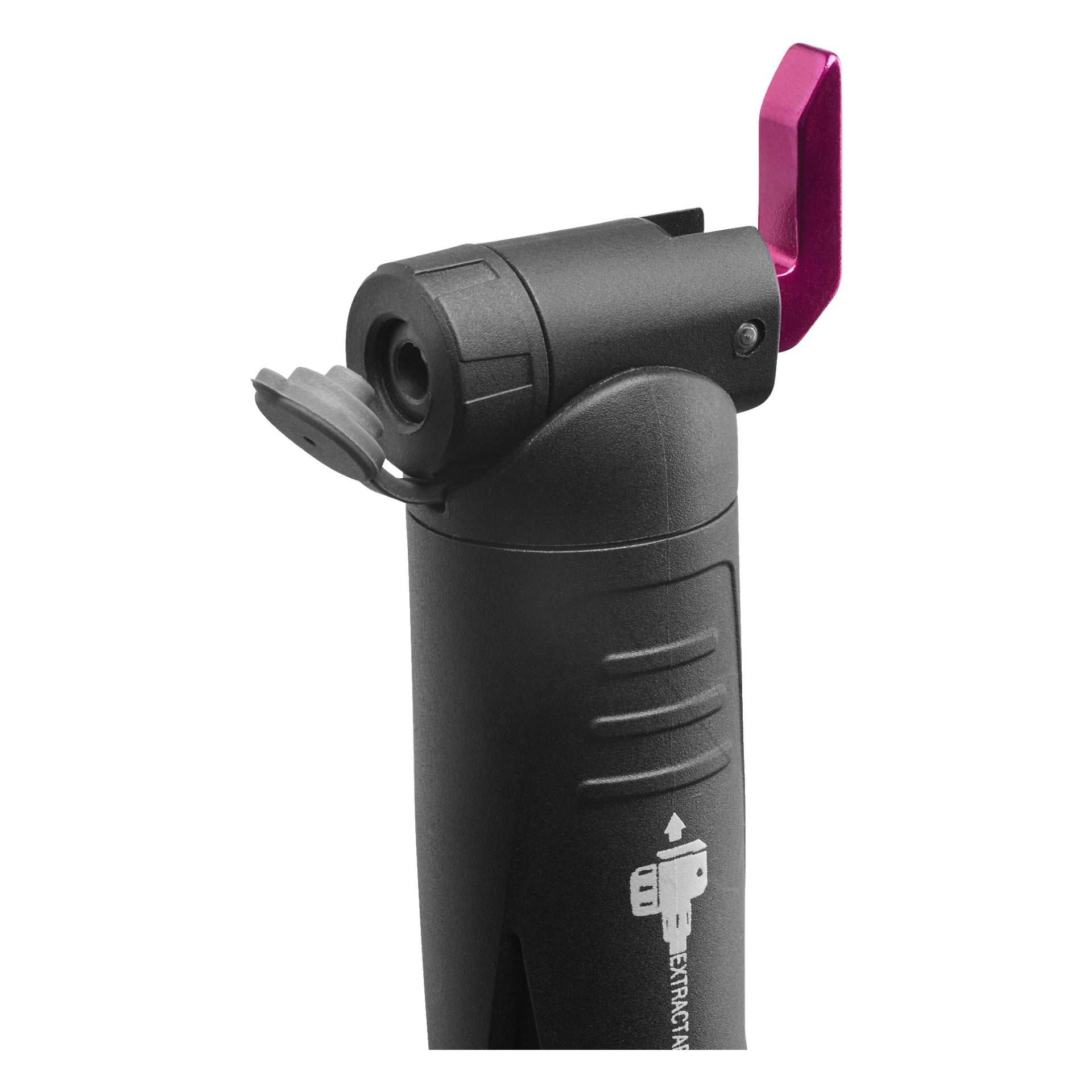 En detaljerad vy av en svart GIYO-cykelpump, som framhäver dess rosa spak och öppna säkerhetslock, med en vit ikon och en riktpil på pumpens kropp.