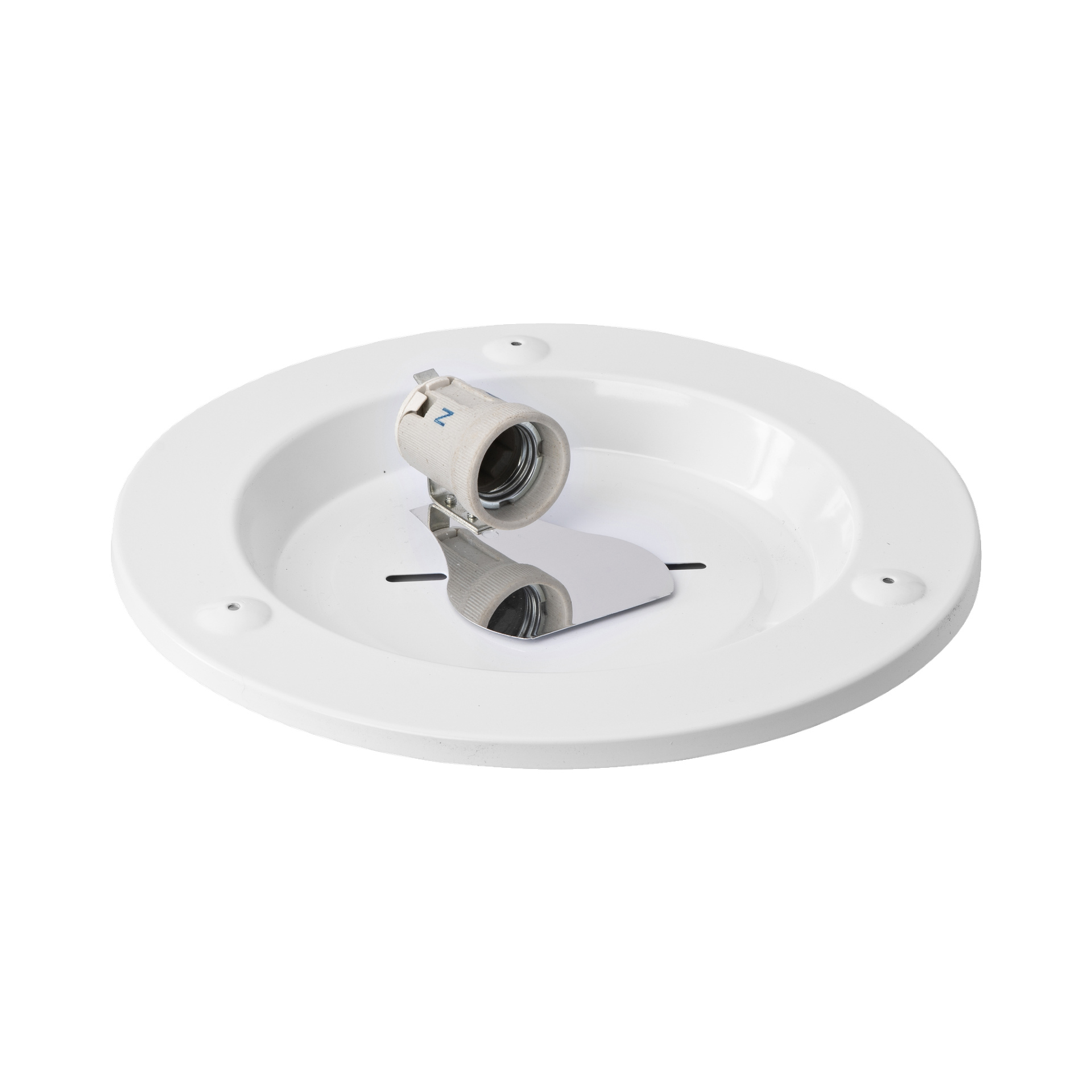 Anslut takarmatur är en rund, vit infälld design med ett centralt uttag, ett metallstöd, tre skruvhål placerade runt kanten och en blank inre yta.