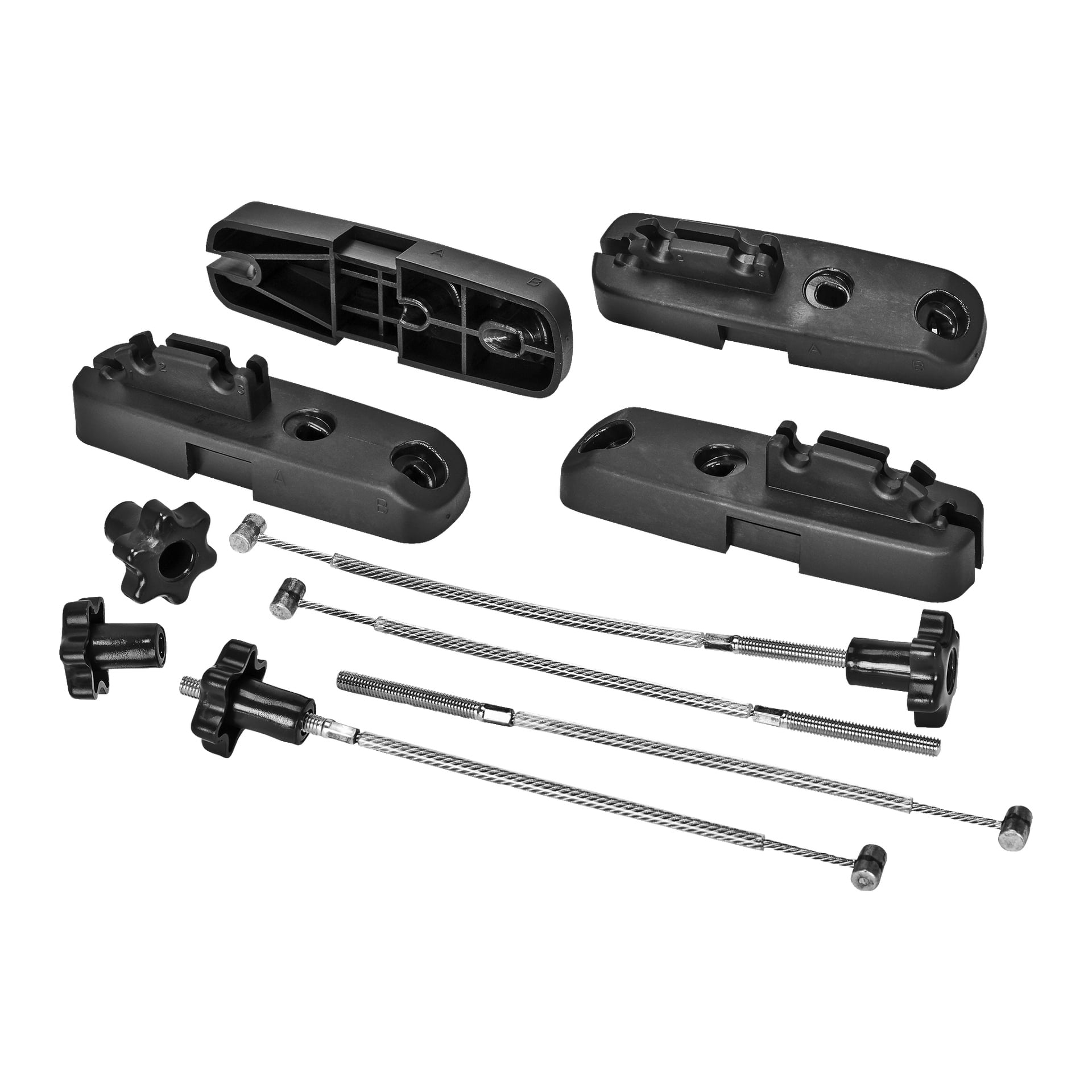 Fyra svarta plastfästen från Hamron Mounting Kit for Load Carriers (paket om 4), tillsammans med två svarta justeringsrattar och fyra metallkablar med gängade ändar, är prydligt arrangerade tillsammans.
