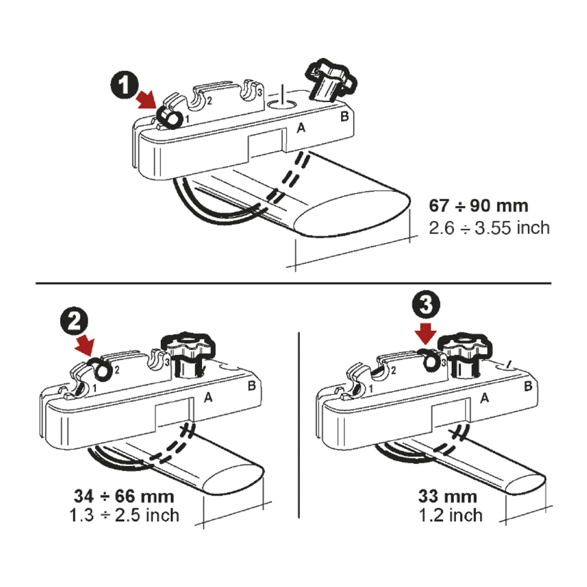 Svartvit diagram som visar tre steg för att montera Hamron Mounting Kit för lastbärare (4-pack), med delar märkta A och B, mätskalor i både millimeter och tum, samt pilar som visar var skruvarna ska lossas eller dras.