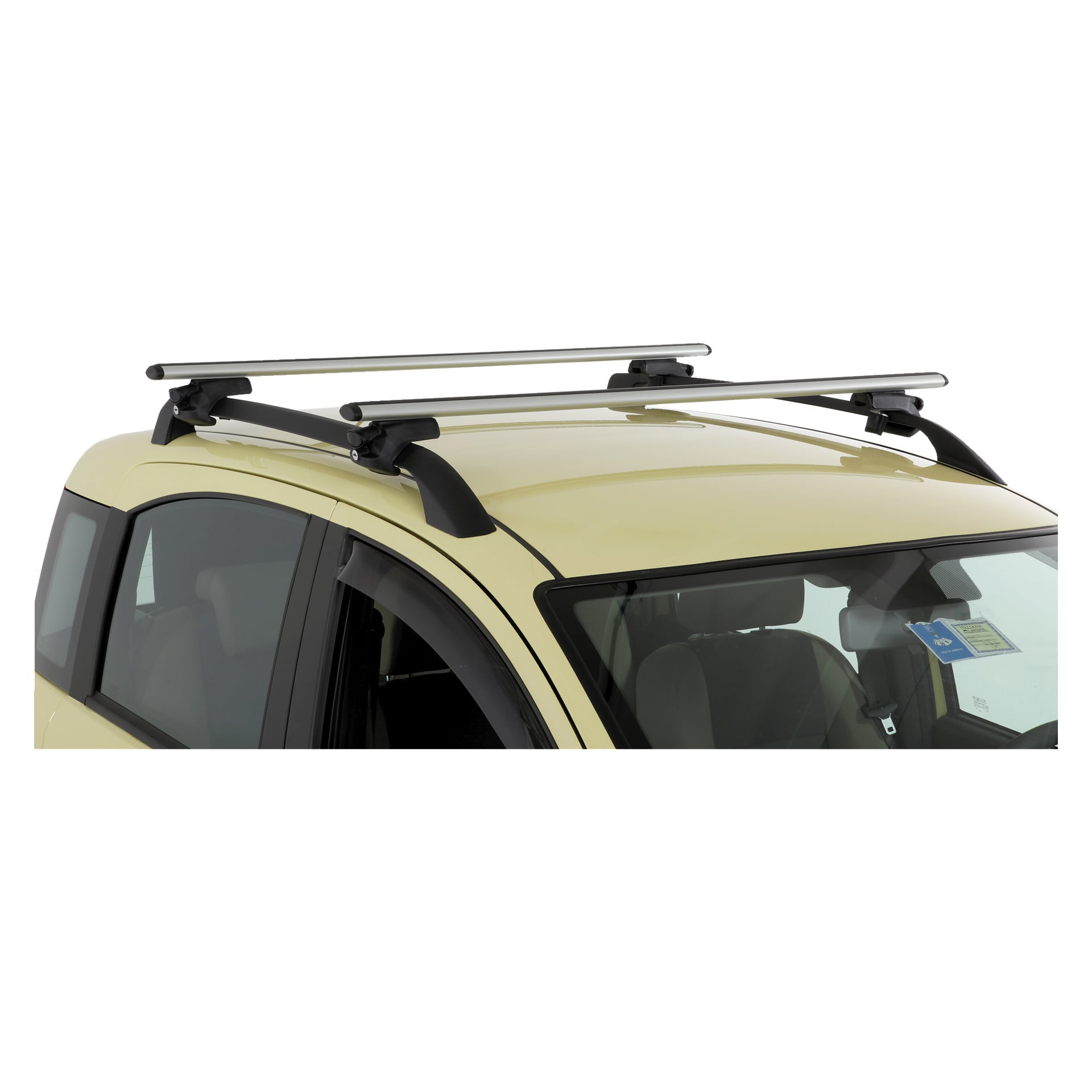 En närbild på en ljusgul bil som visar två silverfärgade Hamron Load Carrier 2 Pack takräcken fästa på taket. Synliga på bilden syns delar av framrutan, en del av taket och ett parkeringskort placerat på instrumentbrädan.