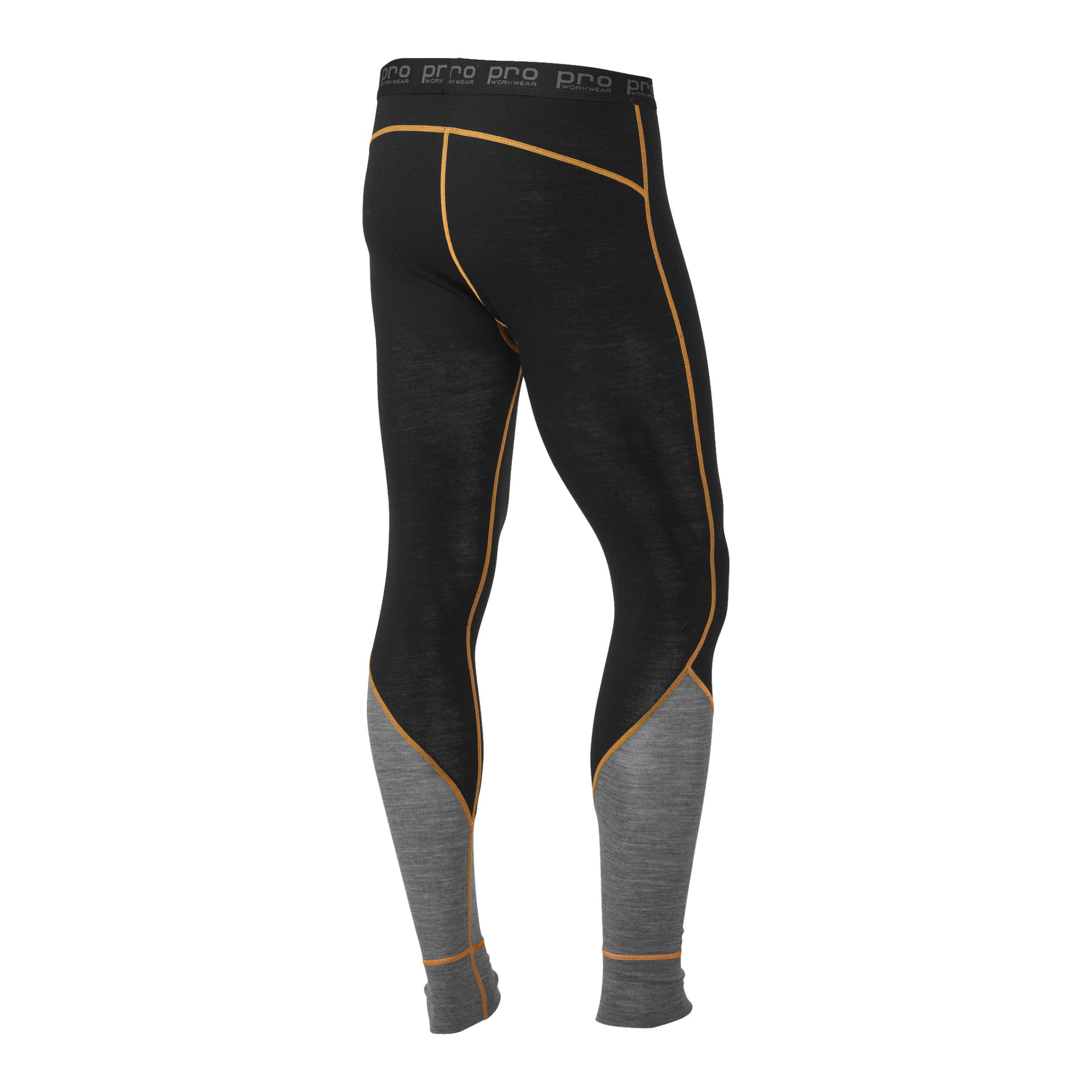Herrbyxor i svart och grå baslager från Bluewear Pro Workwear, framhävda med orange sömmar och ett midjeband dekorerat med ordet "PRO" i upprepade vita bokstäver, visade från backspegeln.