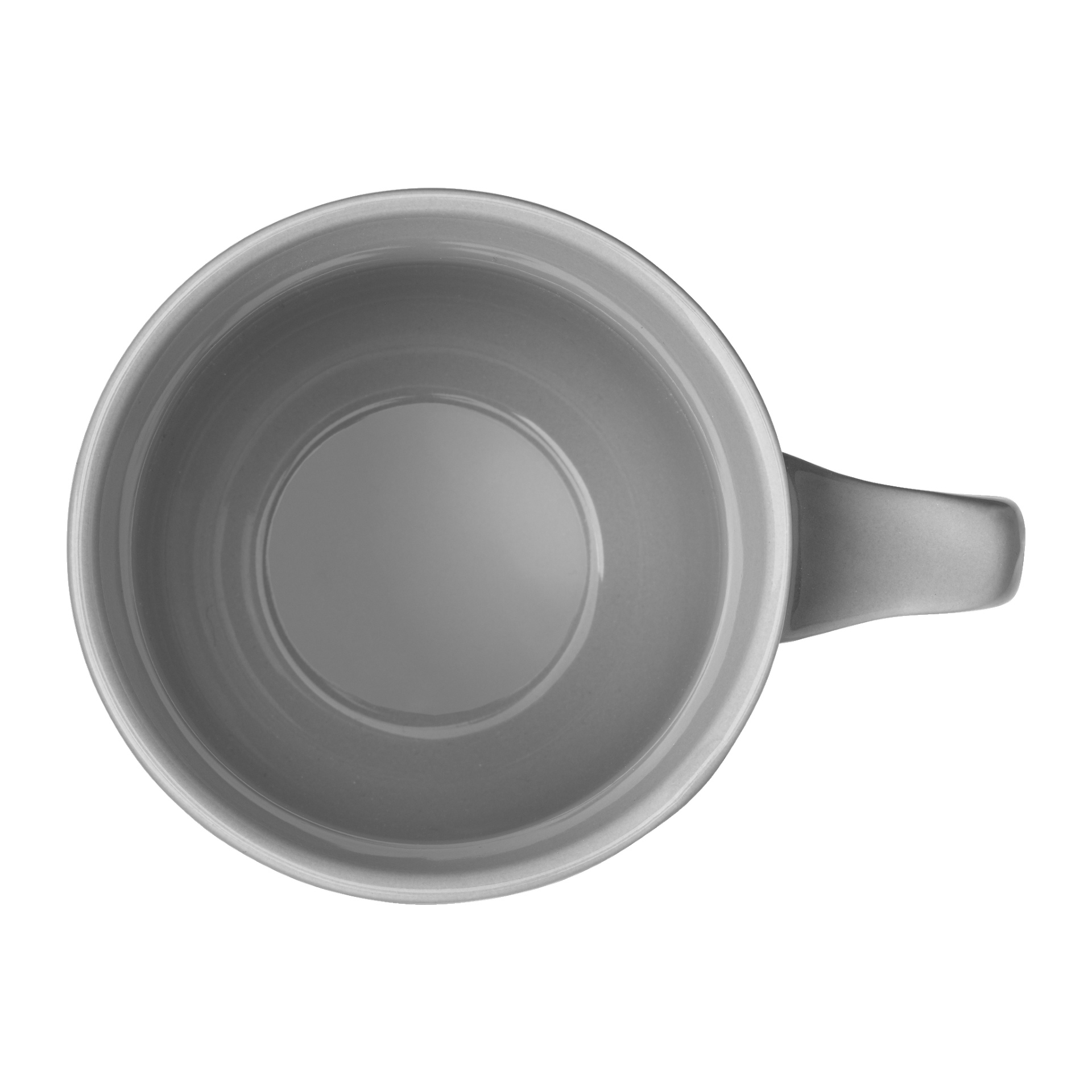 En top-down-vy av en tom grå Menuett-mugg med handtaget på höger sida.