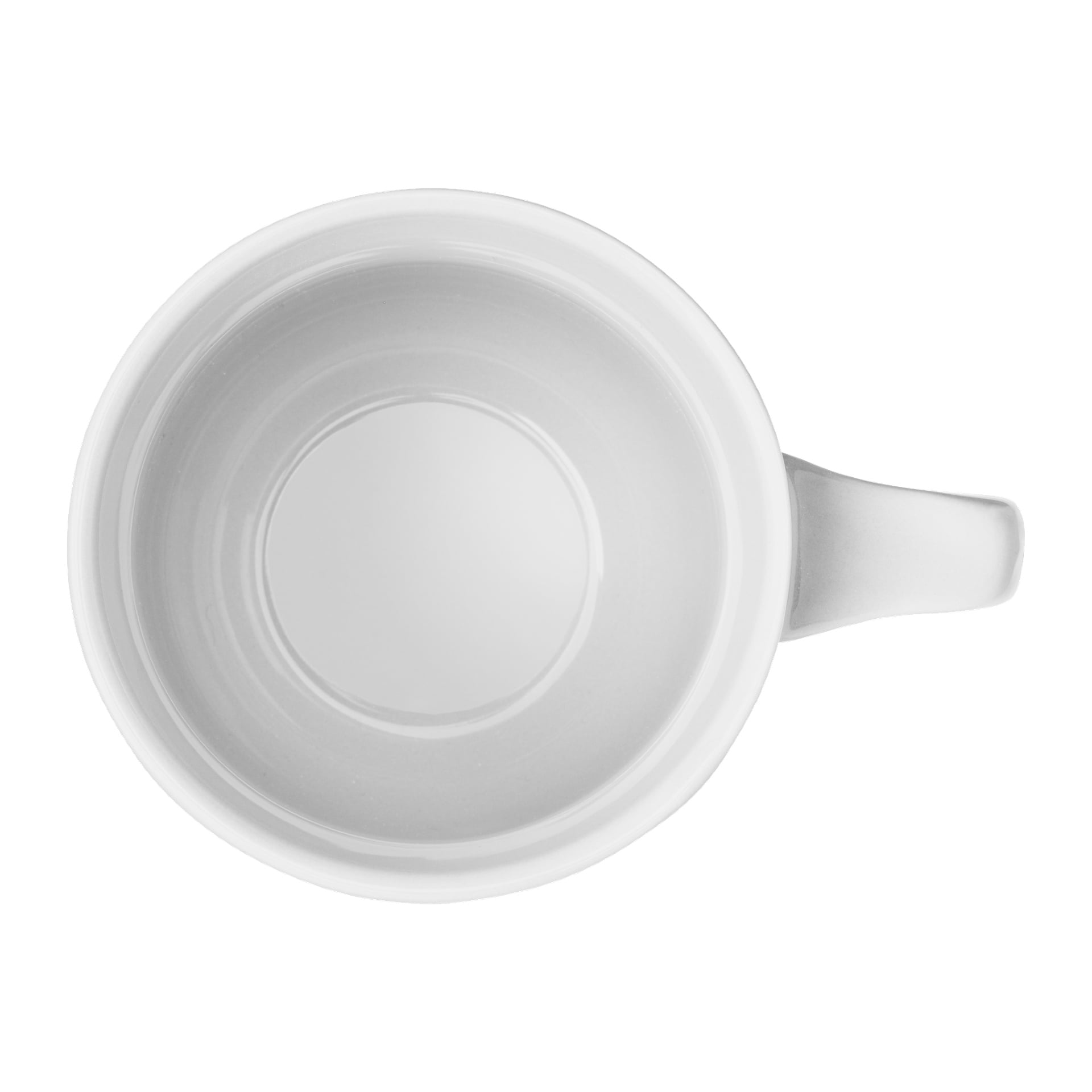 En top-down-vy av en tom vit Menuett-mugg med handtaget på höger sida.
